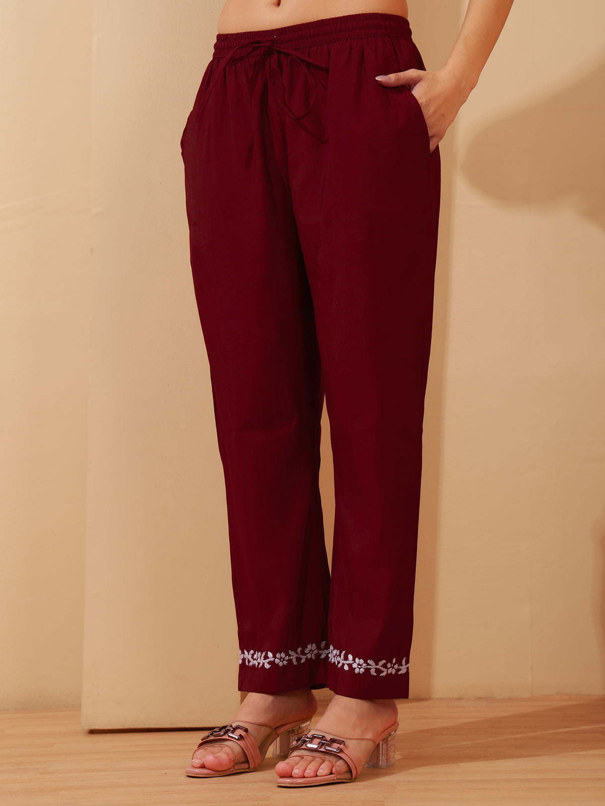 Nazaira Chanderi Chikankari Kurta Pant Set for Women | Maroon Long Kurti with Hand Embroidery | Lucknowi Chikankari Ethnic Wear | Matching Pants with Pockets | Traditional Handwork