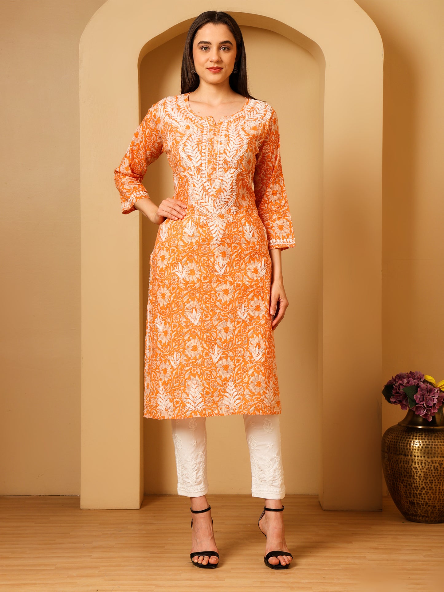 Nazaira Mulmul Cotton Chikankari Kurta for Women Orange | Hand Embroidered Lucknow Chikankari Kurti | Ethnic Wear Long Kurta for Women | Handmade Luckhnawi Chickankari Kurta