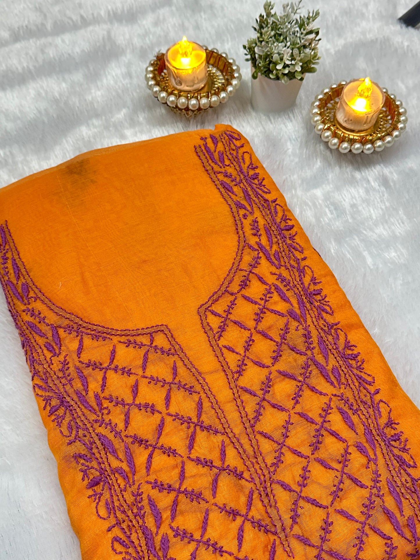 Pure Mul Chanderi Lucknowi Chikankari Unstitched Suit for Women with Dupatta – Hand Embroidered Ethnic Dress Material (2 Piece Set) - Orange 2