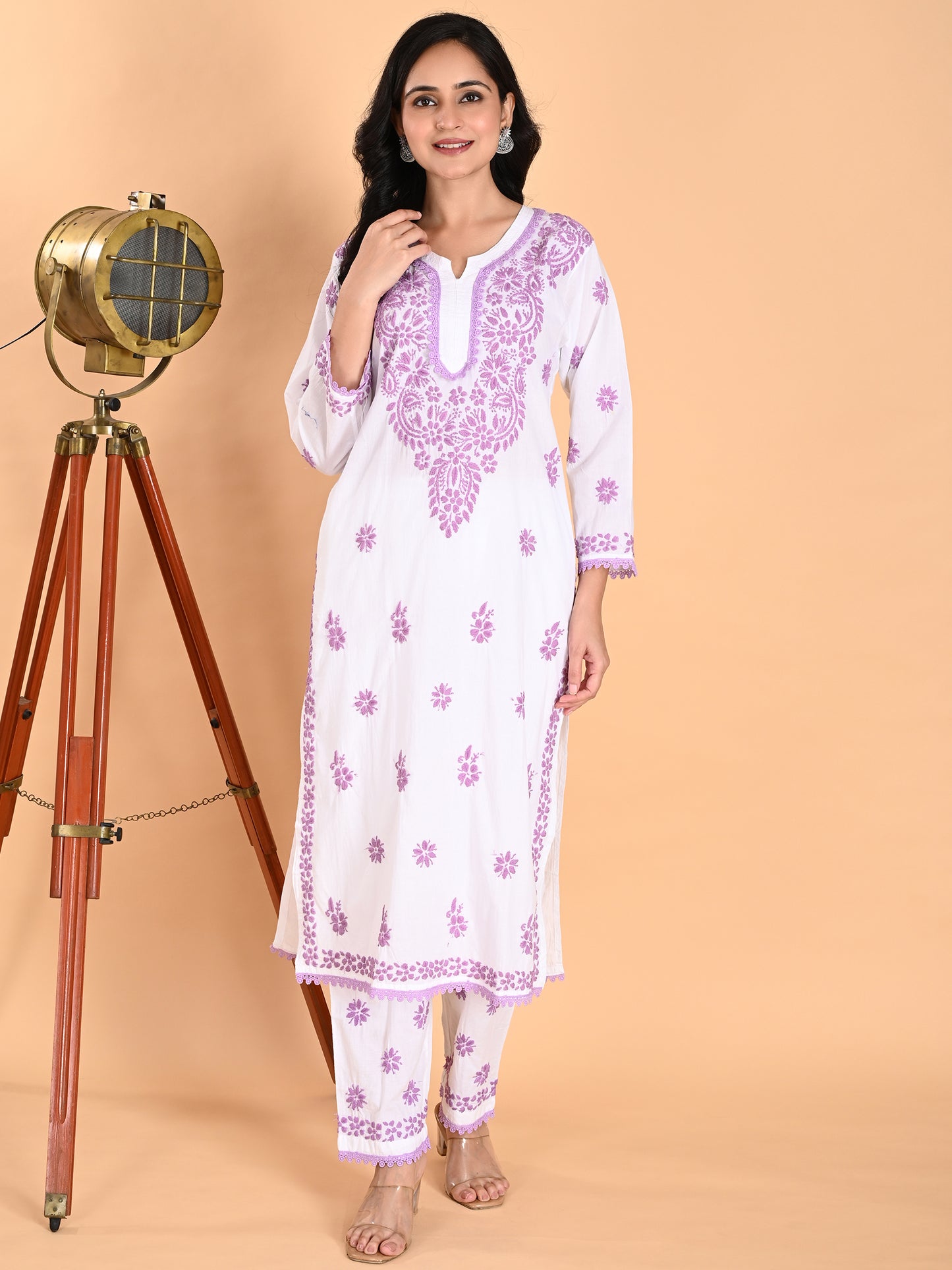 White Cotton Lucknowi Chikankari Kurta with Pajama Set for Women with Purple Hand Embroidery – Ethnic Wear Suit Set