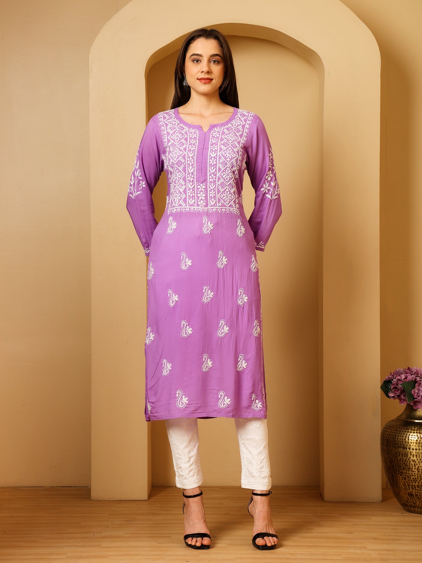 Nazaira Women’s Modal Chikankari Kurta Lavender | Hand Embroidered Lucknowi Chikankari Kurti | Ethnic Wear Long Kurta for Women | Lightweight Breathable Daily & Festive Wear
