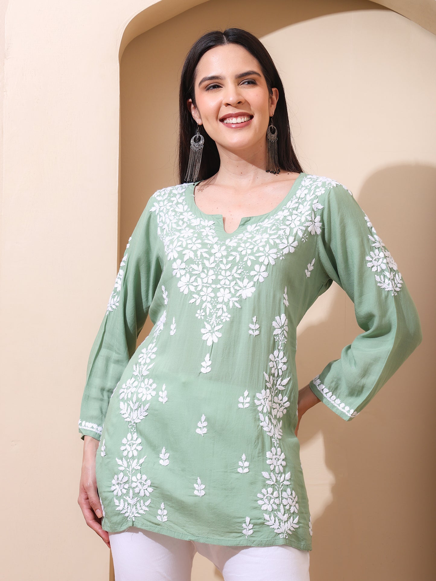 Nazaira Women’s Modal Lucknow Chikankari Short Kurta | Hand Embroidered Luckhnawi Kurti for Women | Ethnic Wear Tunic Top with Panel Work
