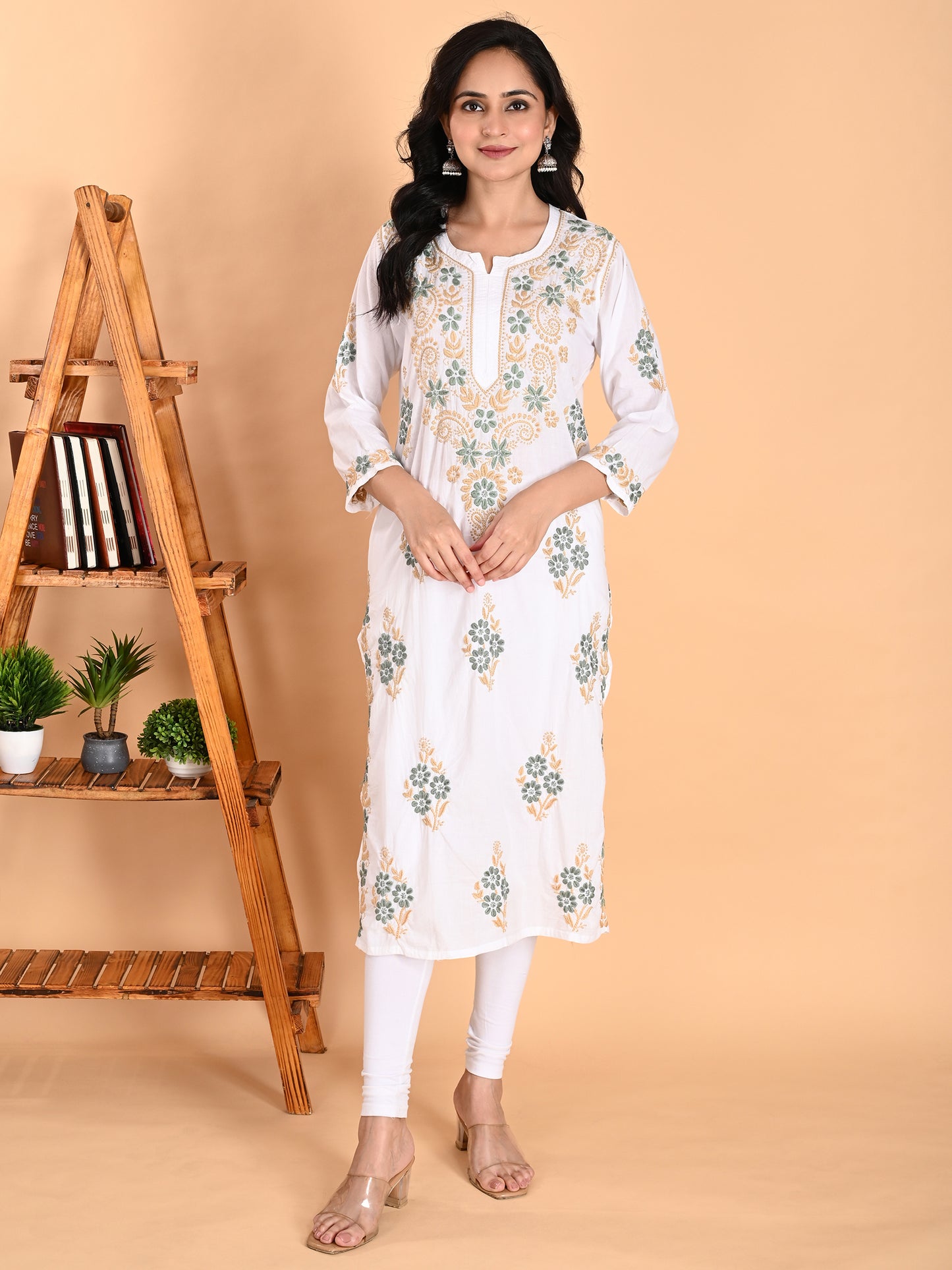 White Cotton Lucknowi Chikankari Long Kurta for Women with Green & Golden Thread Hand Embroidery – Ethnic Wear Kurti