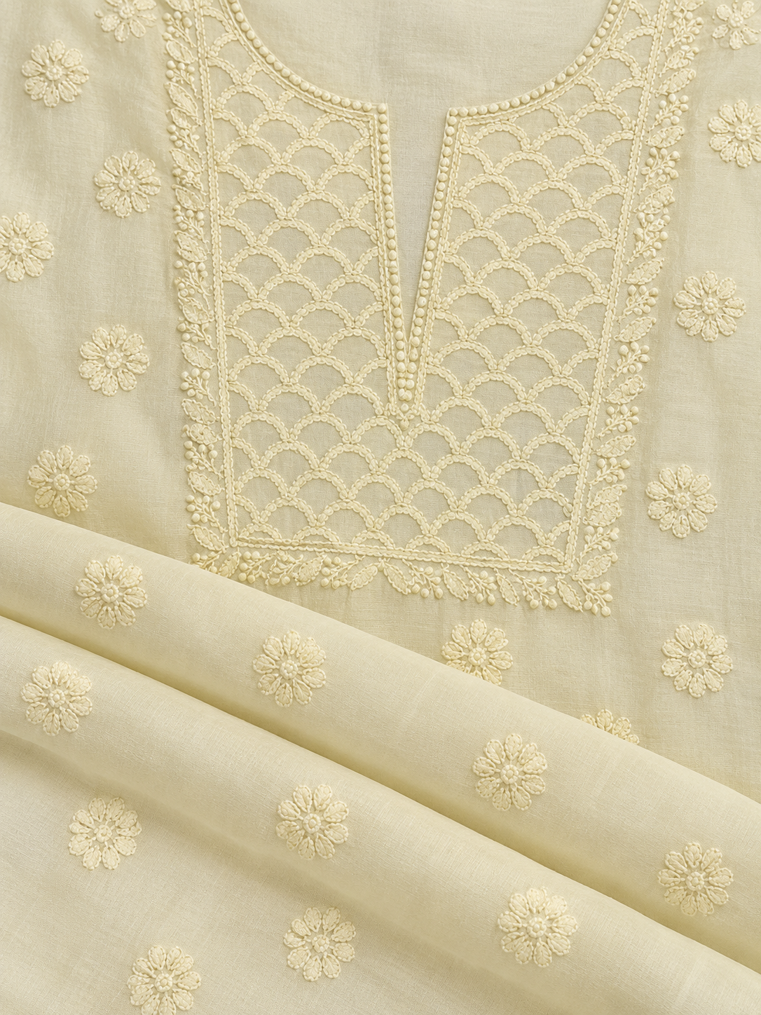 NAZAIRA Women's Lemon Yellow Silk Chanderi Unstitched 2-Piece Suit (Kurta Fabric & Dupatta) | Hand Embroidered Lucknow Chikankari | Glass Gala Neck Work, All-Over Buti | Wedding & Festive