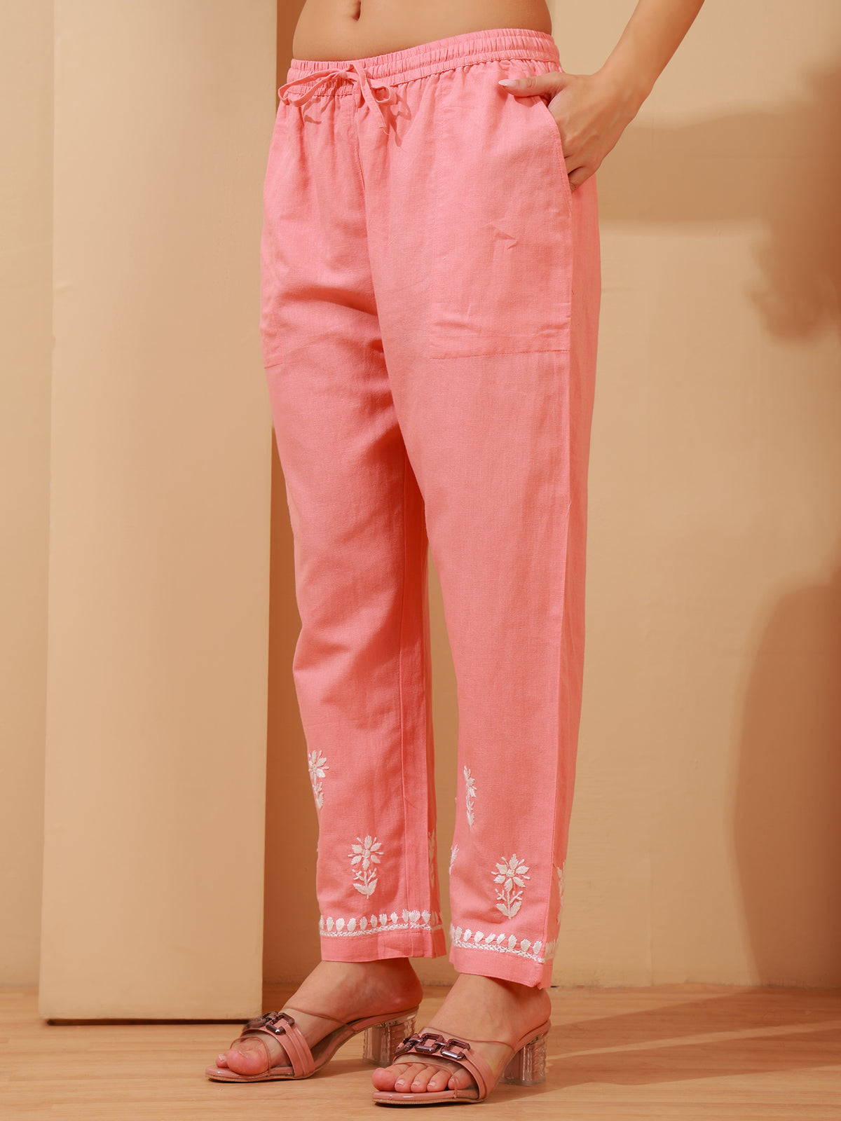 Nazaira Cotton Chikankari Kurta Pant Set for Women | Peach Lucknowi Hand Embroidered Shirt Style Long Kurta with Pant & Pockets | Handmade Ethnic Wear | Modern Traditional Chikankari Handwork