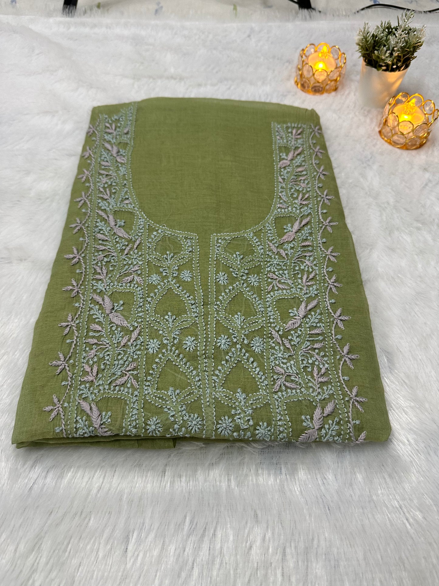Pure Mul Chanderi Lucknowi Chikankari Unstitched Suit for Women with Dupatta – Hand Embroidered Ethnic Dress Material (2 Piece Set) - Green