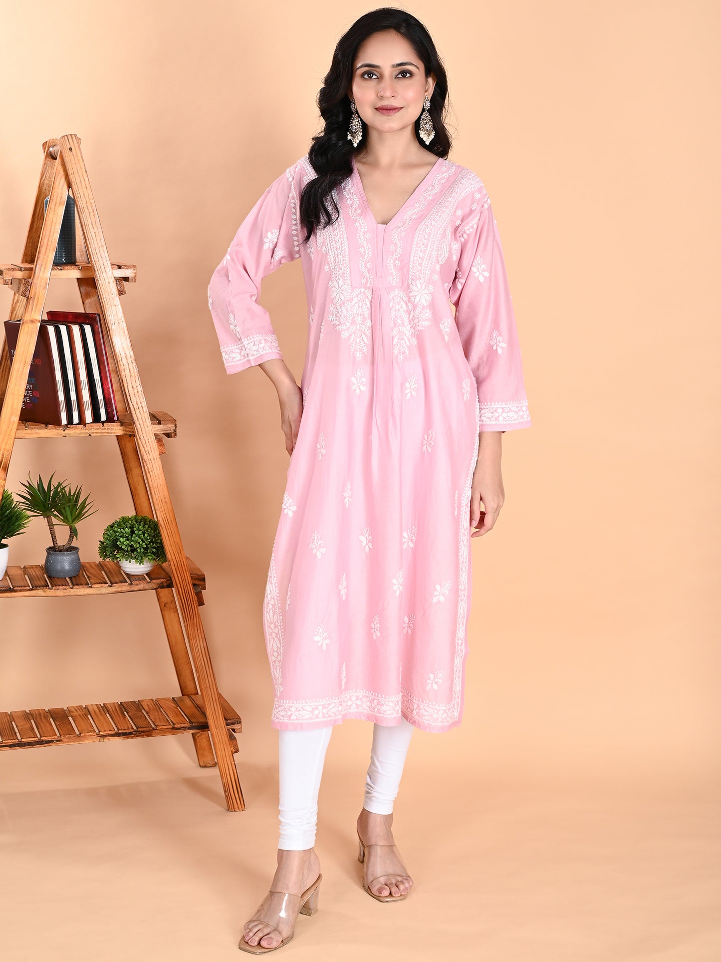 Pink Chanderi Lucknowi Chikankari Anarkali Kurta for Women with White Hand Embroidery – Handmade Ethnic Wear Kurti