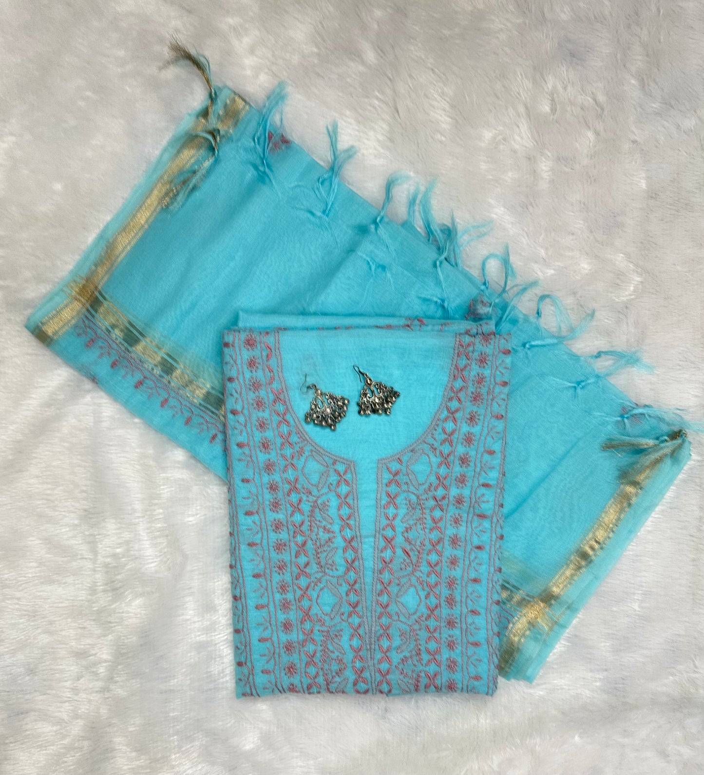 Pure Mul Chanderi Lucknowi Chikankari Unstitched Suit for Women with Dupatta – Hand Embroidered Ethnic Dress Material (2 Piece Set) - Sea Blue