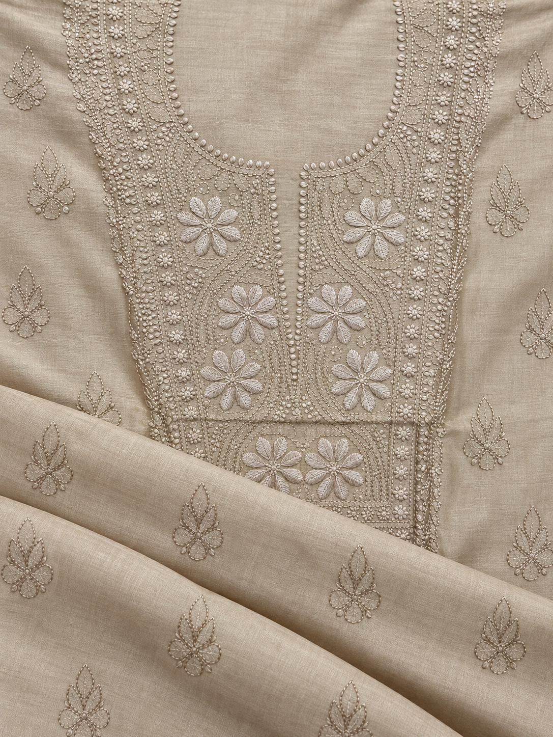 NAZAIRA Women's Tan Silk Chanderi Unstitched 2-Piece Suit (Kurta Fabric & Dupatta) | Hand Embroidered Lucknow Chikankari | Glass Gala Neck Work, All-Over Buti | Wedding & Festive