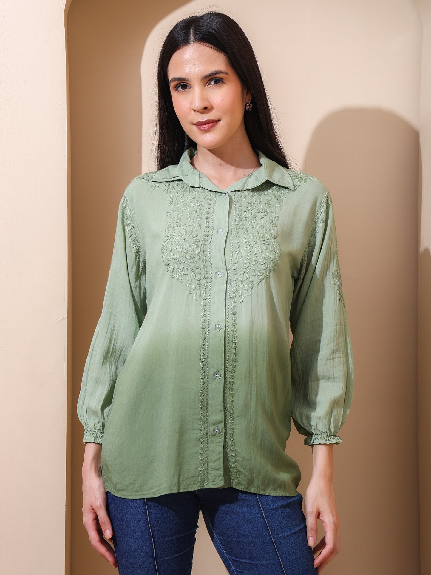 Nazaira Women’s Modal Lucknow Chikankari Shirt for Women | Hand Embroidered Luckhnawi Chickankari Top | Green Ombre Ethnic Wear Shirt with 3/4 Sleeves | Handmade for Women