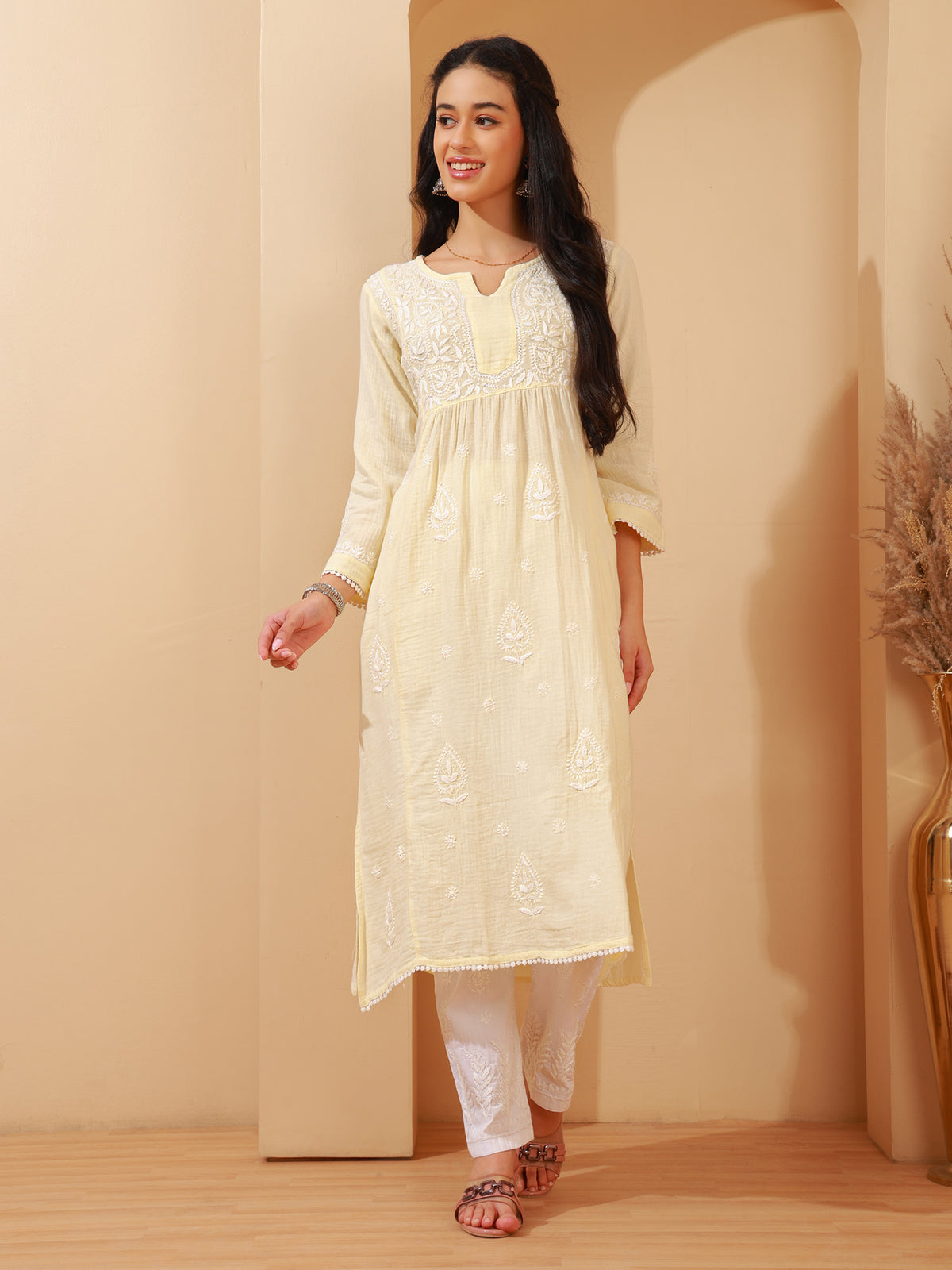 Nazaira Women's Cream Cotton Chikankari Kurta | Lucknowi Hand Embroidered Long Kurti with Pockets | Double Gauze Cotton Ethnic Wear | Modern Traditional Handwork Kurta