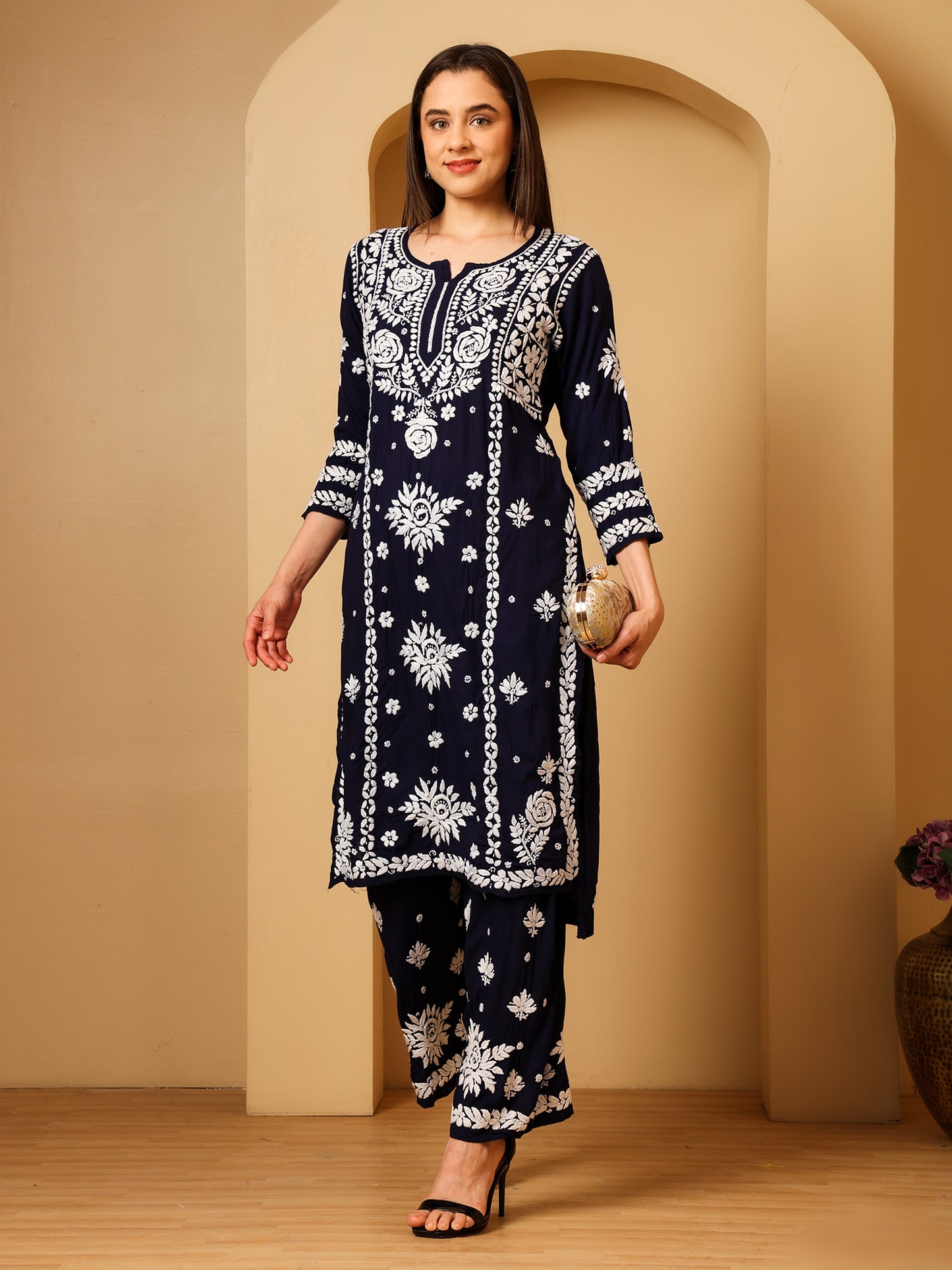 Nazaira Modal Lucknow Chikankari Kurta Set for Women with Palazzo | 3D Hand Embroidery Long Kurti | Ethnic Wear for Women | Handmade Luckhnawi Chickankari | Navy Blue |