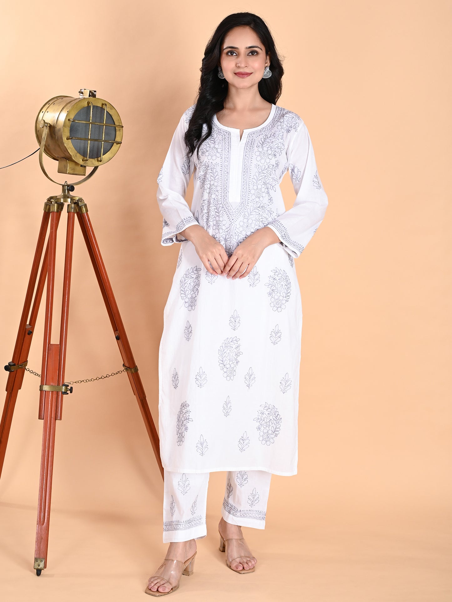 White Cotton Lucknowi Chikankari Kurta with Pajama Set for Women with Grey Thread Hand Embroidery – Ethnic Wear Suit Set
