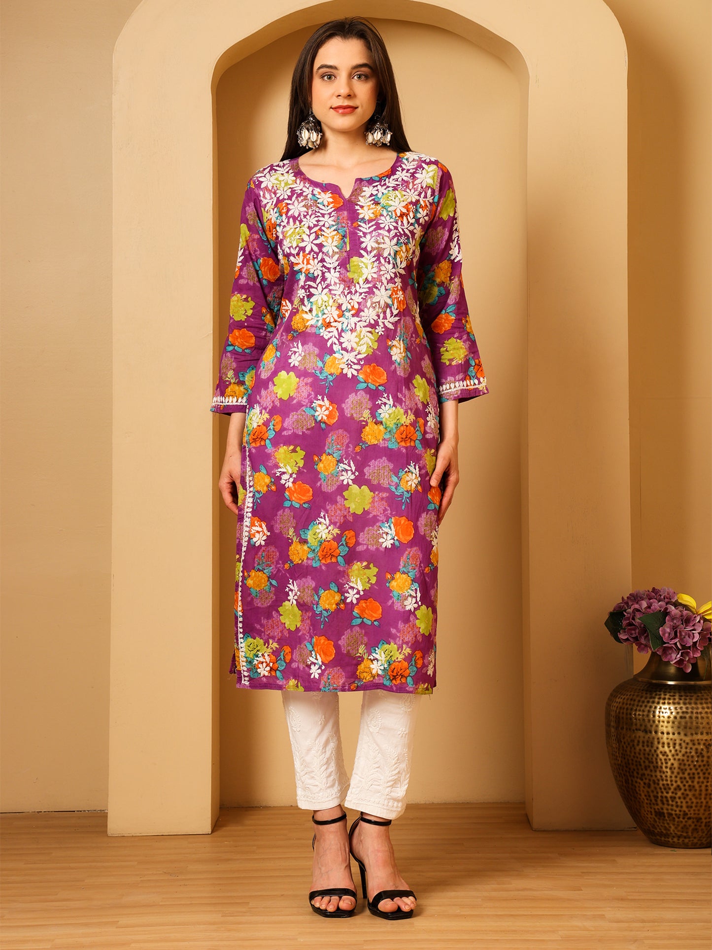 Nazaira Women’s Purple MUL Cotton Lucknowi Chikankari Long Kurti | Hand-Embroidered Floral Printed Cotton Kurta | Elegant Ethnic Wear for Women | Traditional Lucknow Chikan Work |
