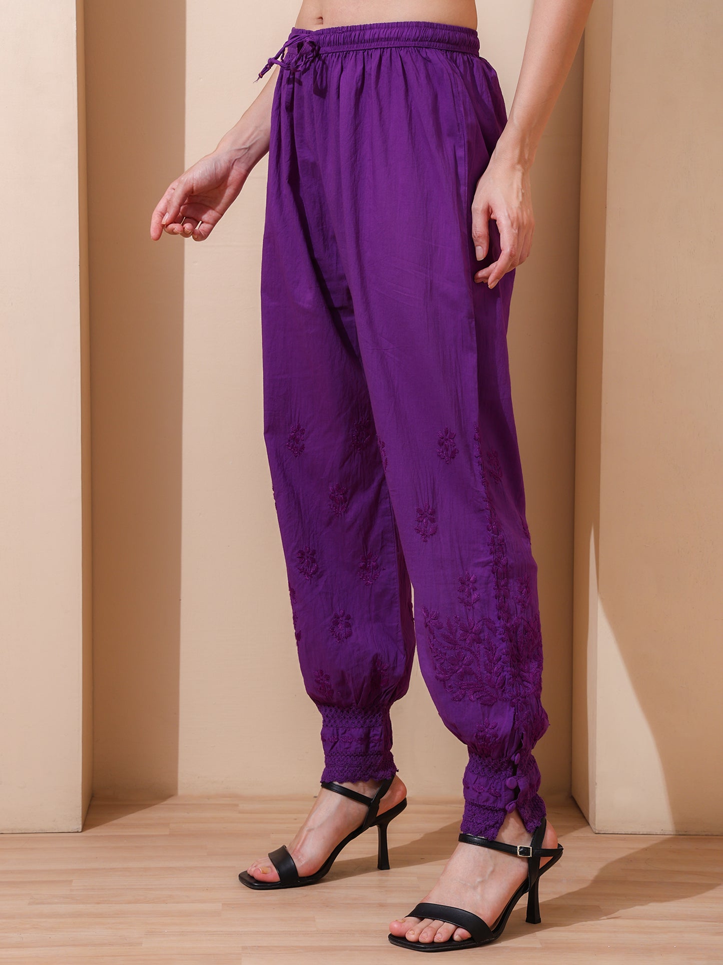 Nazaira Women’s Cotton Chikankari Kurta Pant Set | Hand Embroidered Lucknowi Chikankari Afghani Set for Women | Ethnic Kurti Set with Bottom Wear | Purple