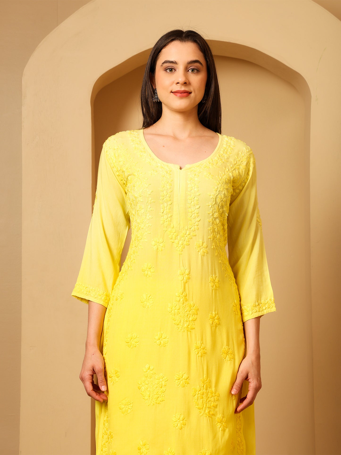 Nazaira Women’s Rayon Lucknow Chikankari Kurta Palazzo Set | Yellow Ombre Hand Embroidered Kurti Set | Ethnic Wear for Women | Handmade Luckhnawi Chickankari Kurta with Palazzo