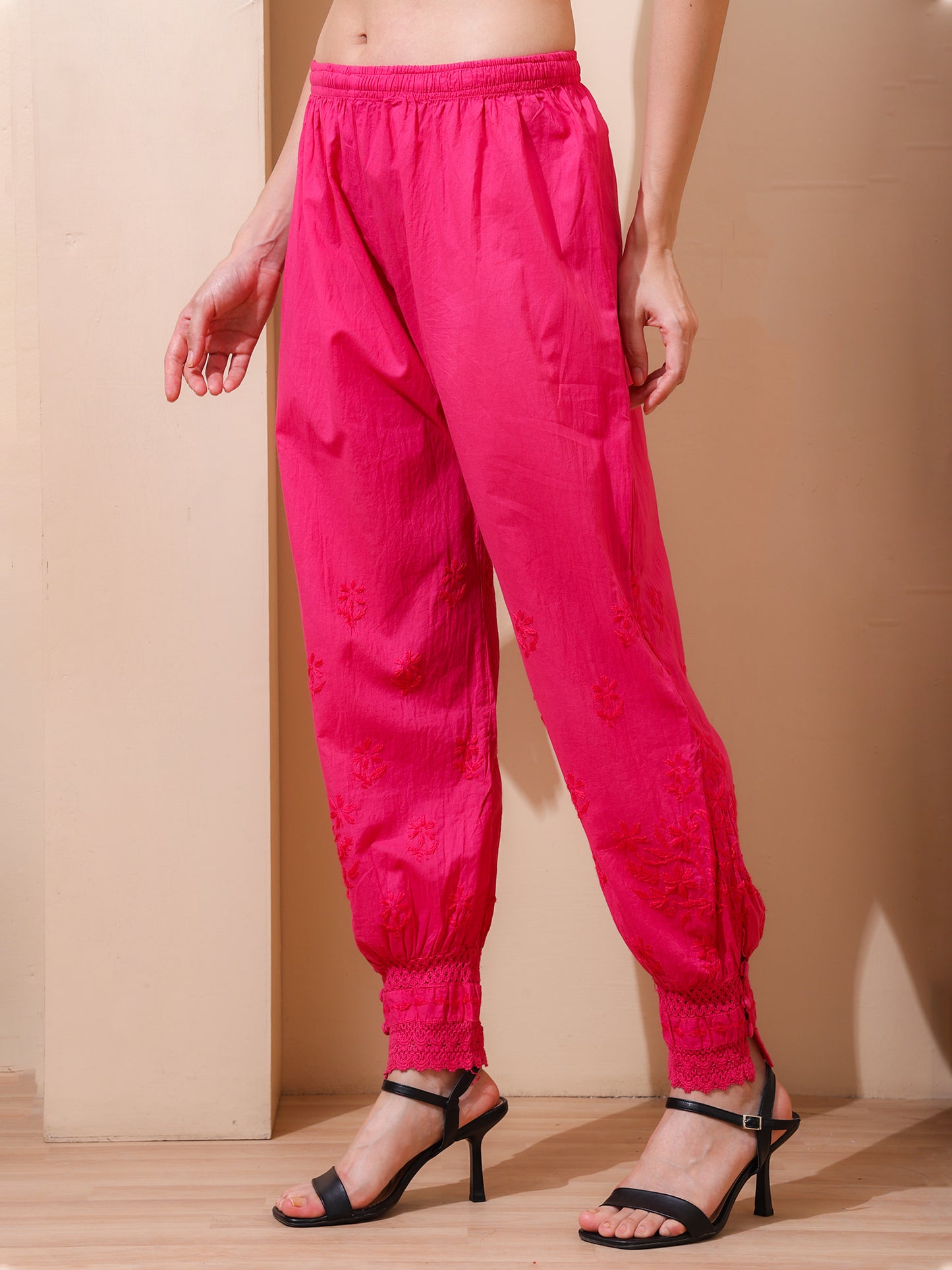 Nazaira Women’s Cotton Chikankari Kurta Pant Set | Hand Embroidered Lucknowi Chikankari Afghani Set for Women | Ethnic Kurti Set with Bottom Wear | Magenta