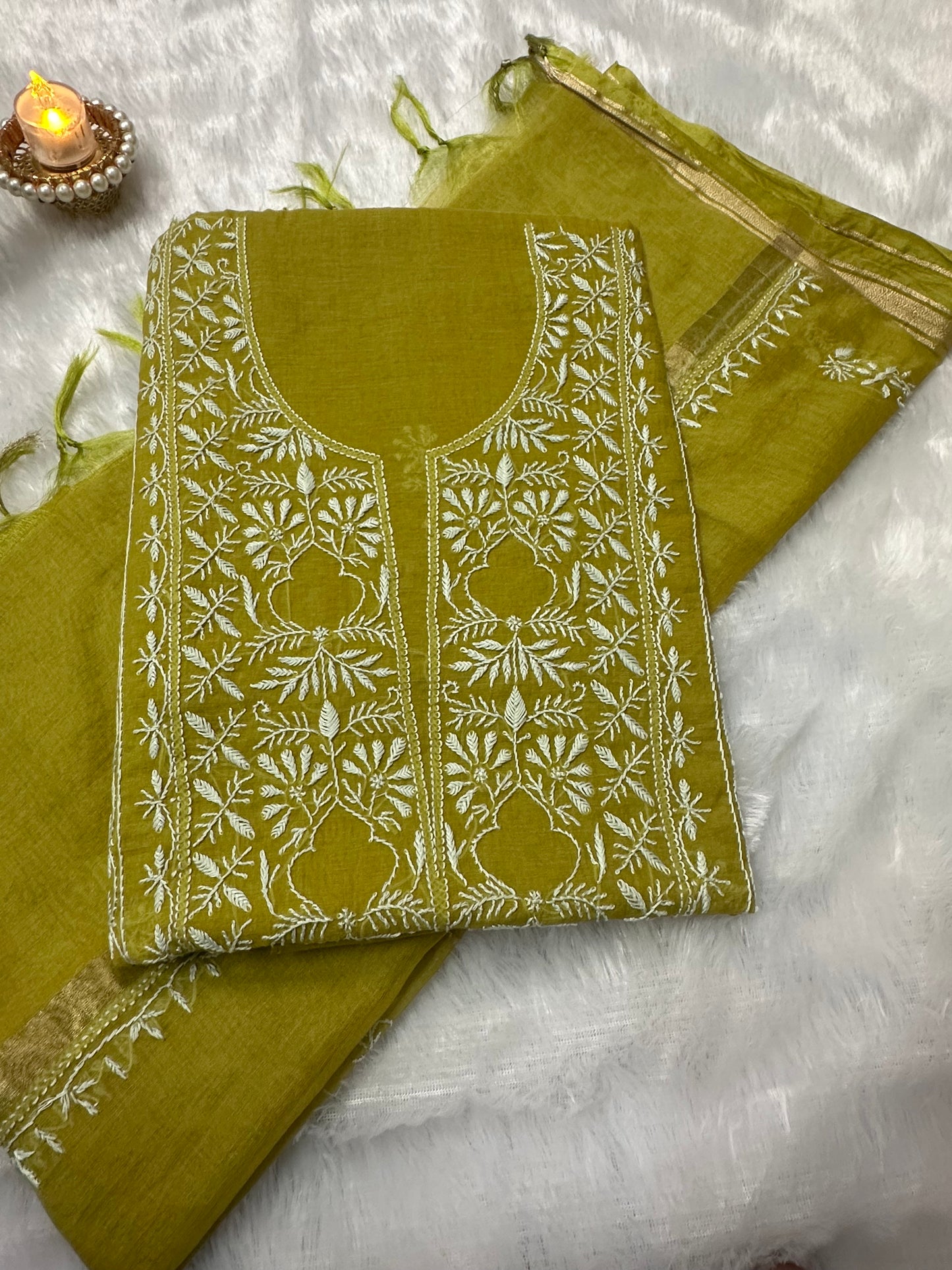 Pure Mul Chanderi Lucknowi Chikankari Unstitched Suit for Women with Dupatta – Hand Embroidered Ethnic Dress Material (2 Piece Set) - Mehendi