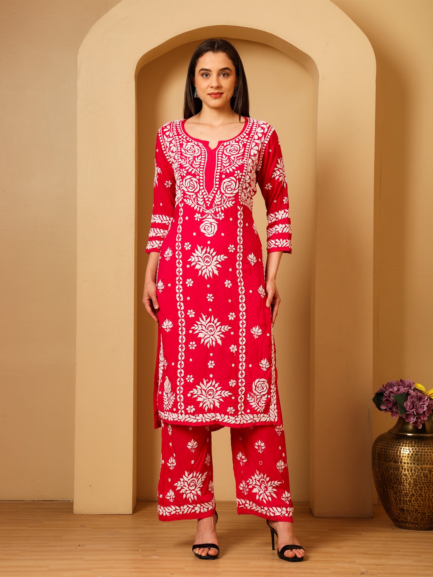 Nazaira Modal Lucknow Chikankari Kurta Set for Women with Palazzo | 3D Hand Embroidery Long Kurti | Ethnic Wear for Women | Handmade Luckhnawi Chickankari | Rani Pink |