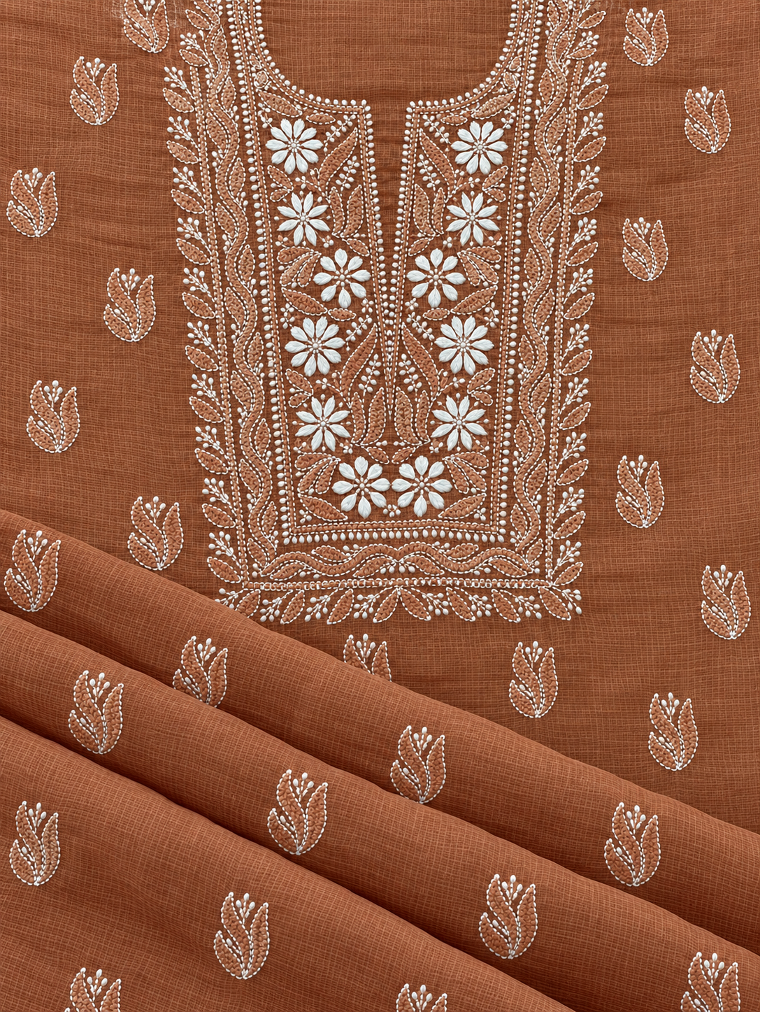 Women's Terracotta Brown Kota Cotton Unstitched 2 Piece Suit Dress Material with Dupatta | Lucknowi Chikankari Hand Embroidery | Glass Gala Neck, Heavy Dupatta Work | Pooja Wedding Festive