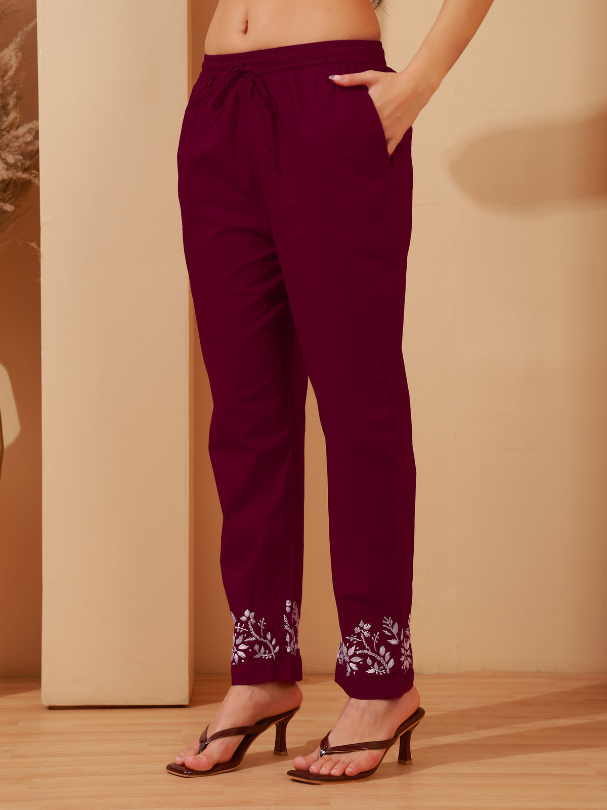 Nazaira Cotton Chikankari Kurta Pant Set for Women | Wine A-Line Long Kurti with Hand Embroidery | Lucknowi Chikankari Ethnic Wear with Pants & Pockets | Handmade Handwork Kurta Set