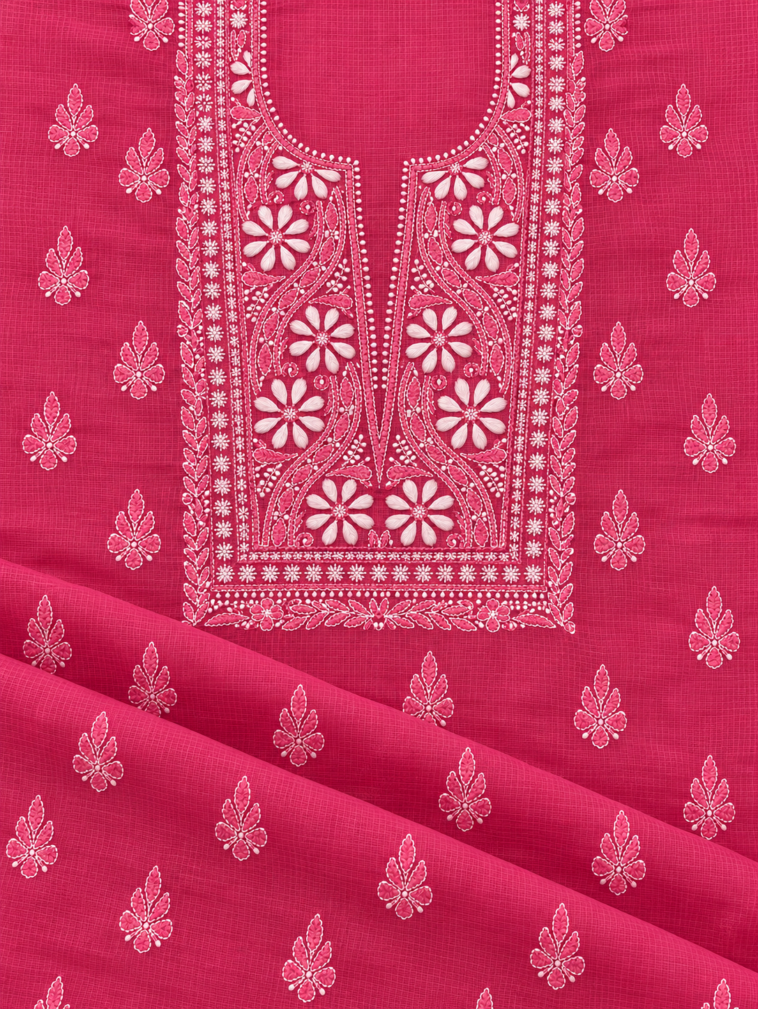 Women's Pink Kota Cotton Unstitched 2 Piece Suit Dress Material with Dupatta | Lucknowi Chikankari Hand Embroidery, Glass Gala Neck Design, All Over Work | Pooja Wedding Festive