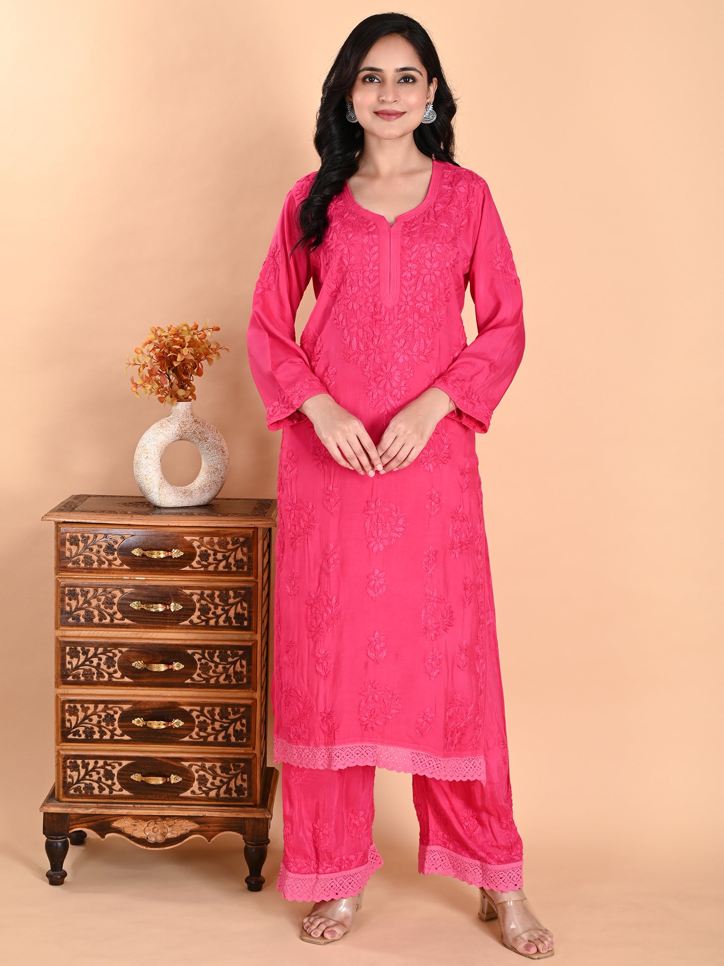 Magenta Muslin Lucknowi Chikankari Kurta with Palazzo Set for Women with Hand Embroidery – Long Ethnic Wear Suit Set