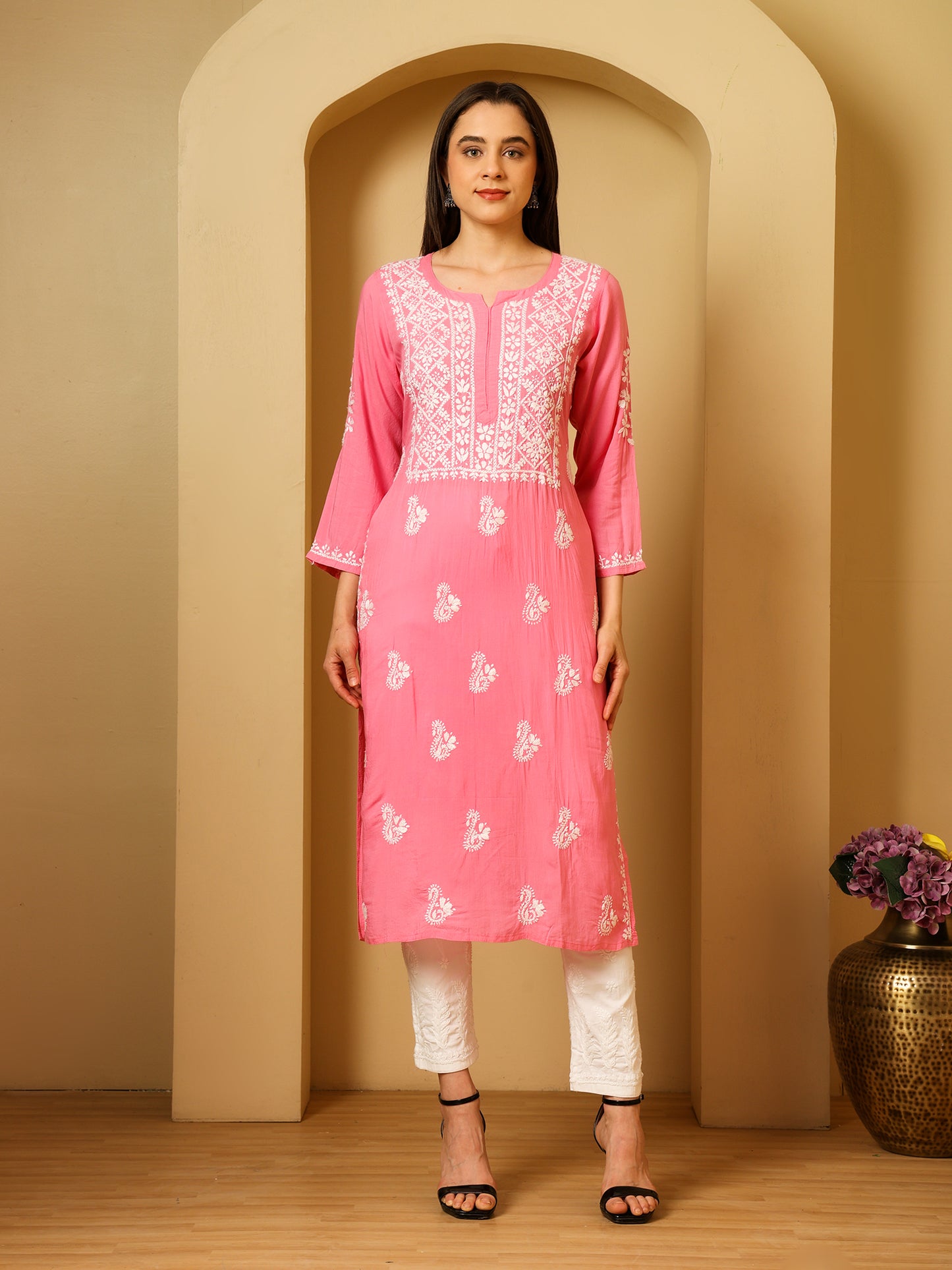 Nazaira Women’s Modal Chikankari Kurta Pink | Hand Embroidered Lucknowi Chikankari Kurti | Ethnic Wear Long Kurta for Women | Lightweight Breathable Daily & Festive Wear