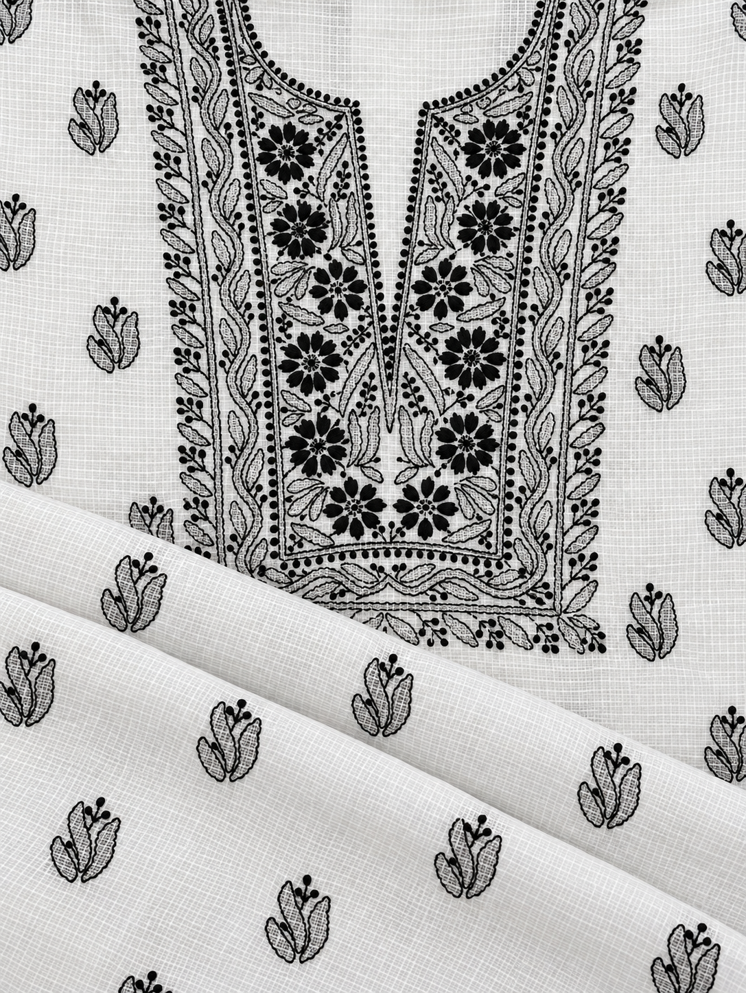 Women's White Kota Cotton Unstitched 2 Piece Suit Dress Material with Dupatta | Lucknowi Chikankari Hand Embroidery | Glass Gala Neck, Heavy Dupatta Work | Pooja Wedding Festive