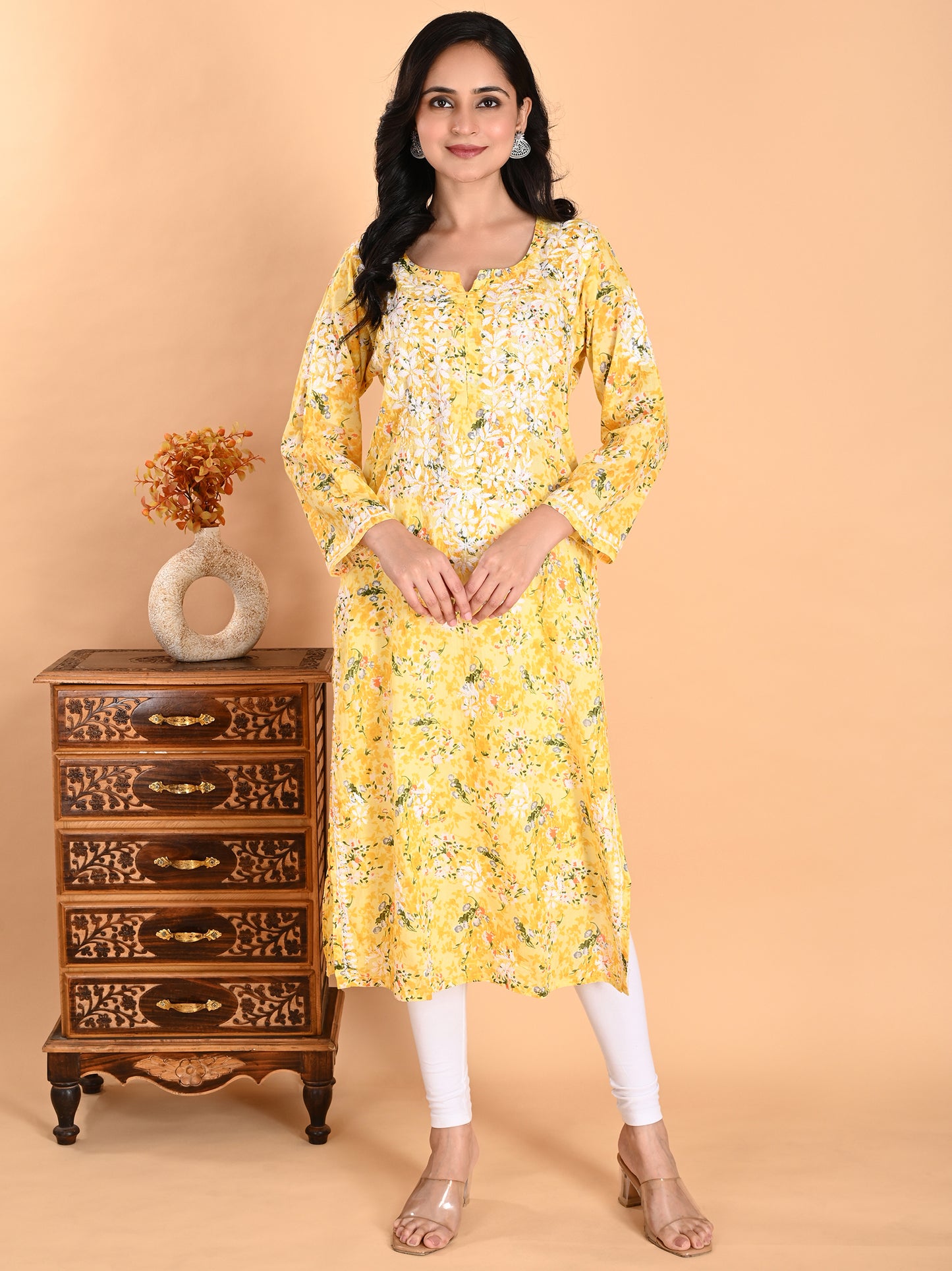 Yellow Mul Cotton Lucknowi Chikankari Floral Printed Long Kurti for Women with Hand Embroidery – Elegant Ethnic Wear Kurta