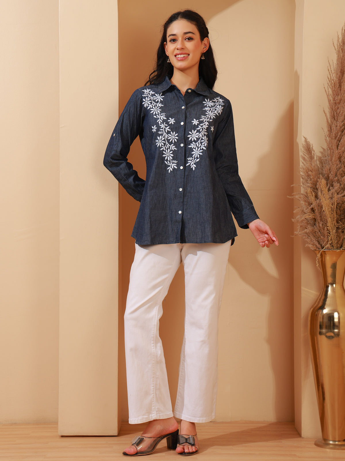 Nazaira Denim Chikankari Shirt for Women | Blue Hand Embroidered Shirt with White Floral Lucknow Chikankari | Long Sleeve Modern Ethnic Wear | Office, Casual & College Wear