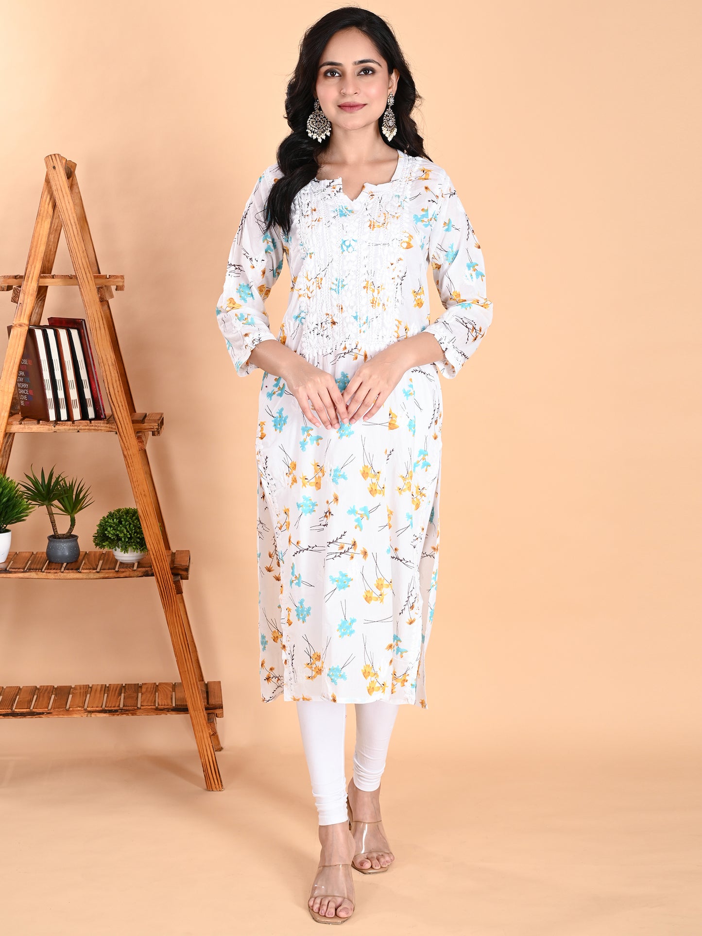 Mulmul Cotton Lucknowi Chikankari Blue Floral Printed Long Kurta for Women with Hand Embroidery – Ethnic Wear Kurti