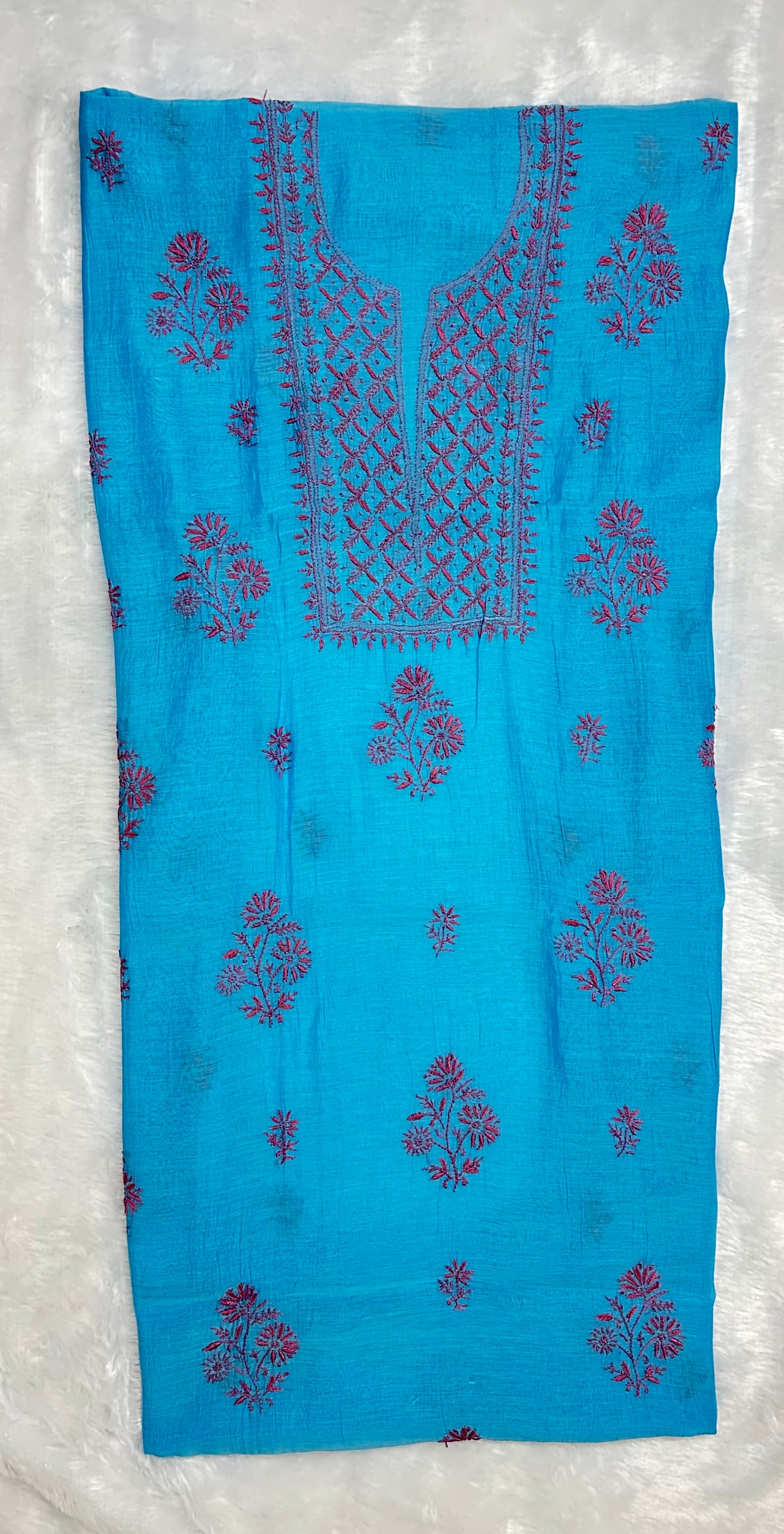 Pure Mul Chanderi Lucknowi Chikankari Unstitched Suit for Women with Dupatta – Hand Embroidered Ethnic Dress Material (2 Piece Set) - Blue