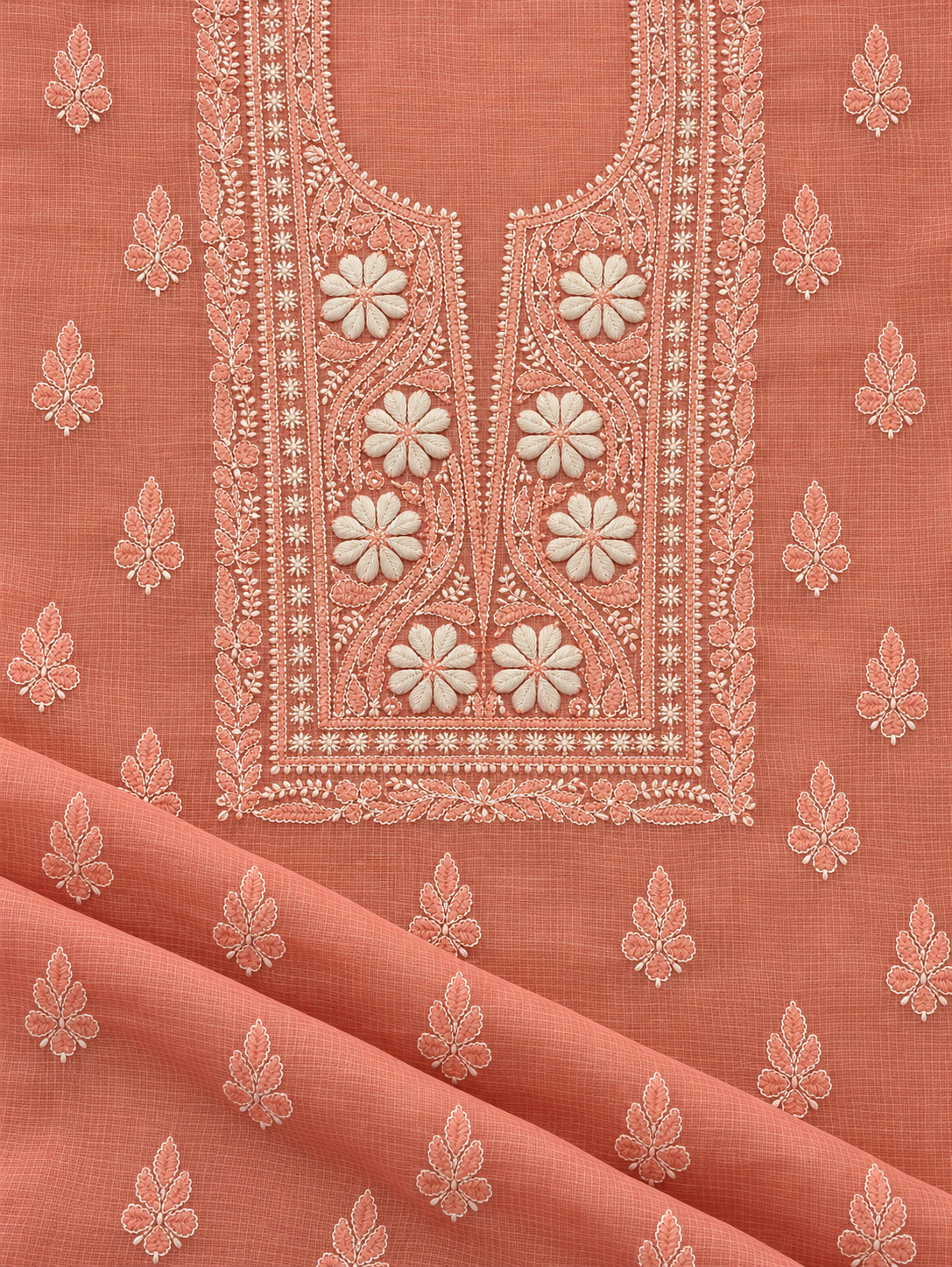 Women's Peach Kota Cotton Unstitched 2 Piece Suit Dress Material with Dupatta | Lucknowi Chikankari Hand Embroidery, Glass Gala Neck Design, All Over Work | Pooja Wedding Festive