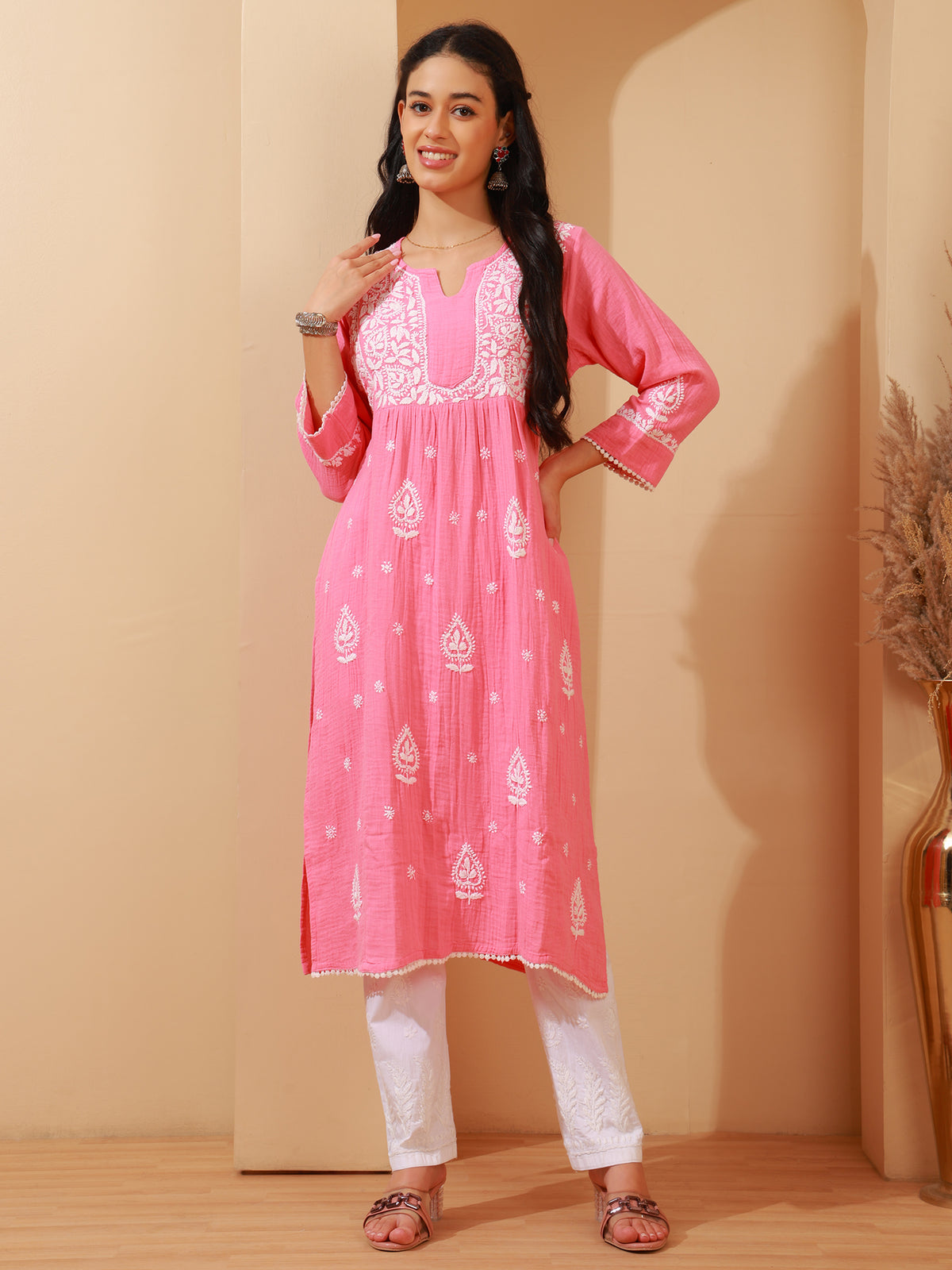 Nazaira Women's Pink Cotton Chikankari Kurta | Lucknowi Hand Embroidered Long Kurti with Pockets | Double Gauze Cotton Ethnic Wear | Modern Traditional Handwork Kurta