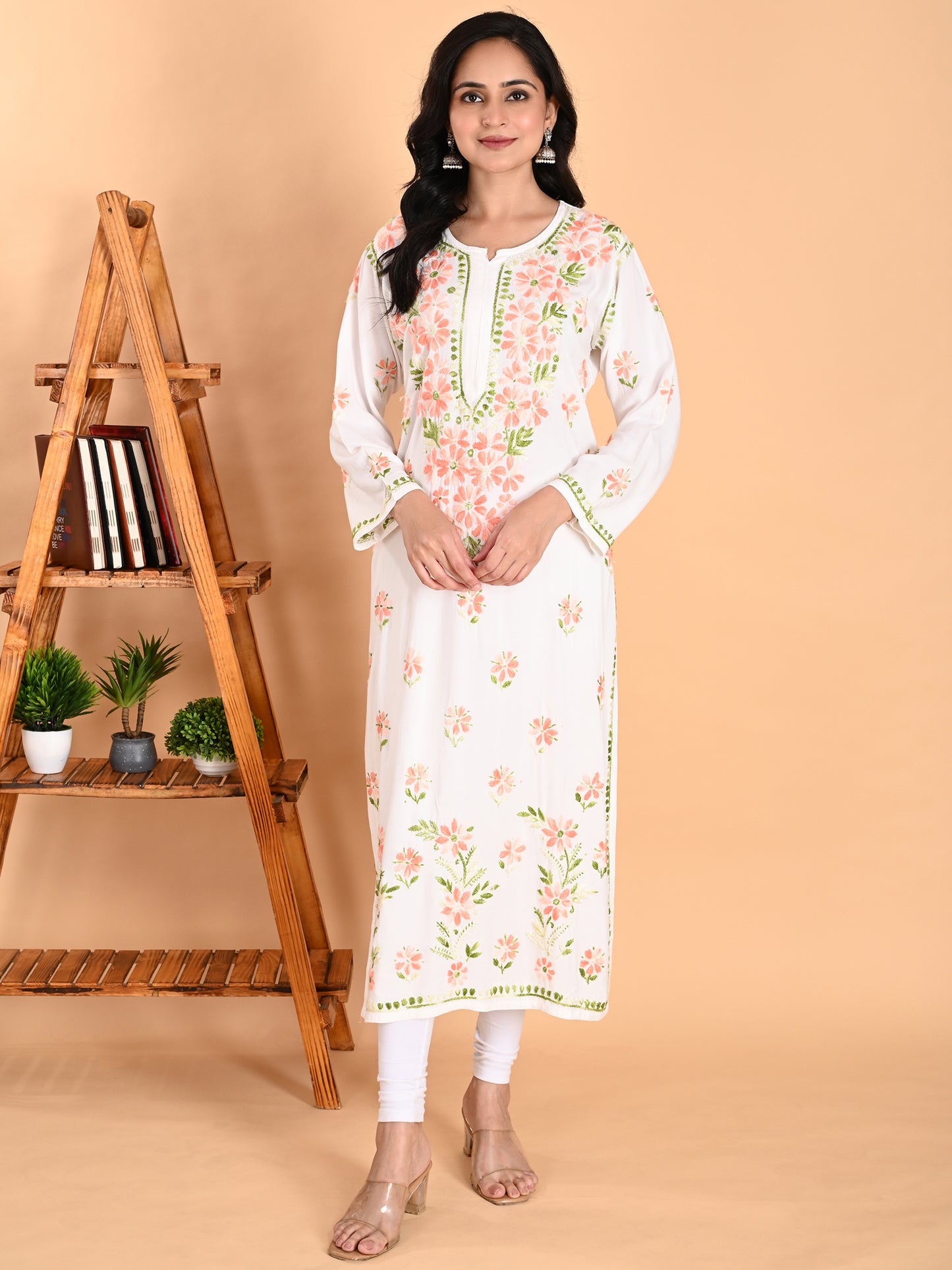 White Rayon Lucknowi Chikankari Long Kurta for Women with Peach & Green Floral Hand Embroidery – Ethnic Wear Kurti