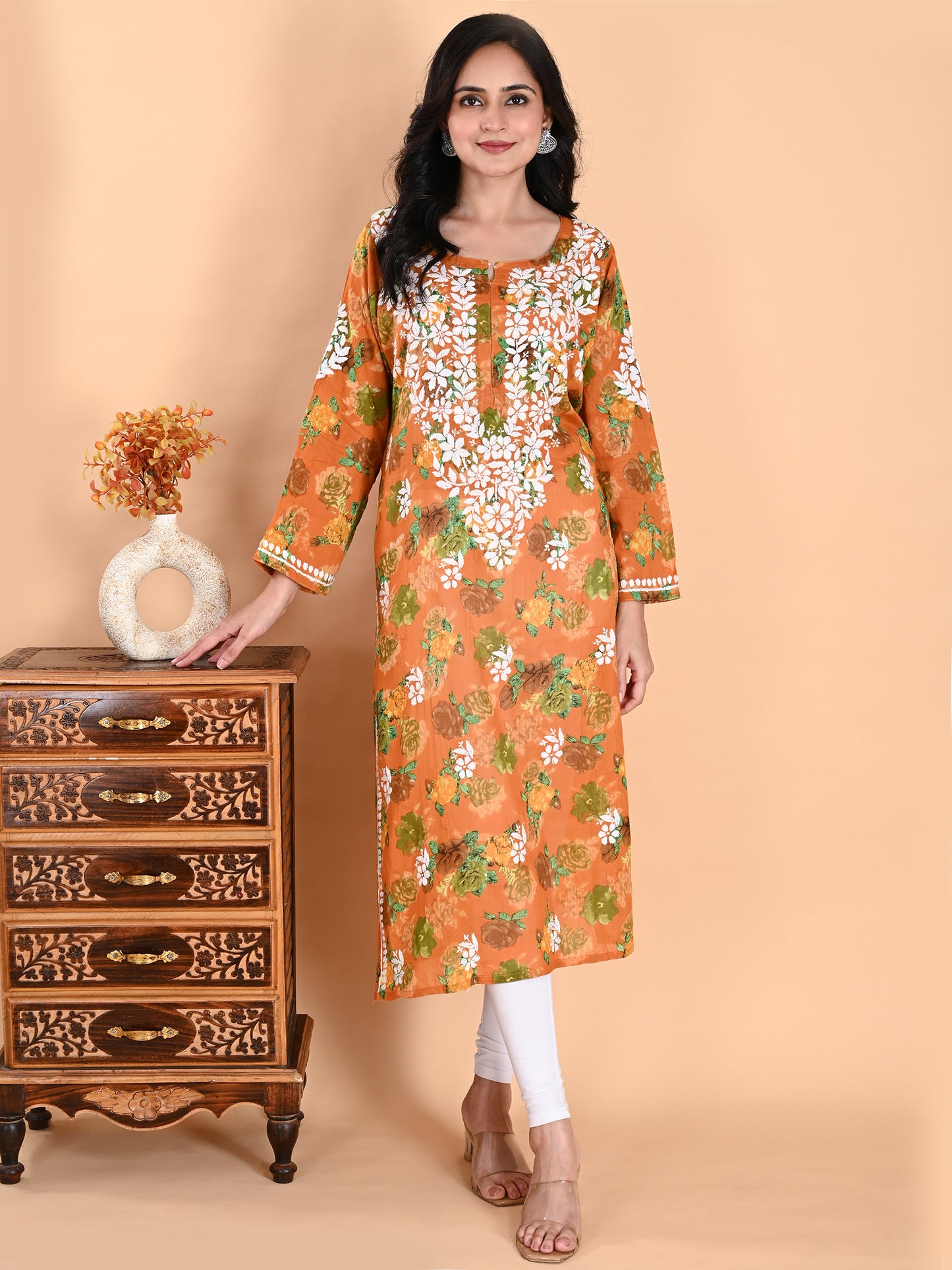 Mustard Mul Cotton Lucknowi Chikankari Floral Printed Long Kurti for Women with Hand Embroidery – Elegant Ethnic Wear Kurta