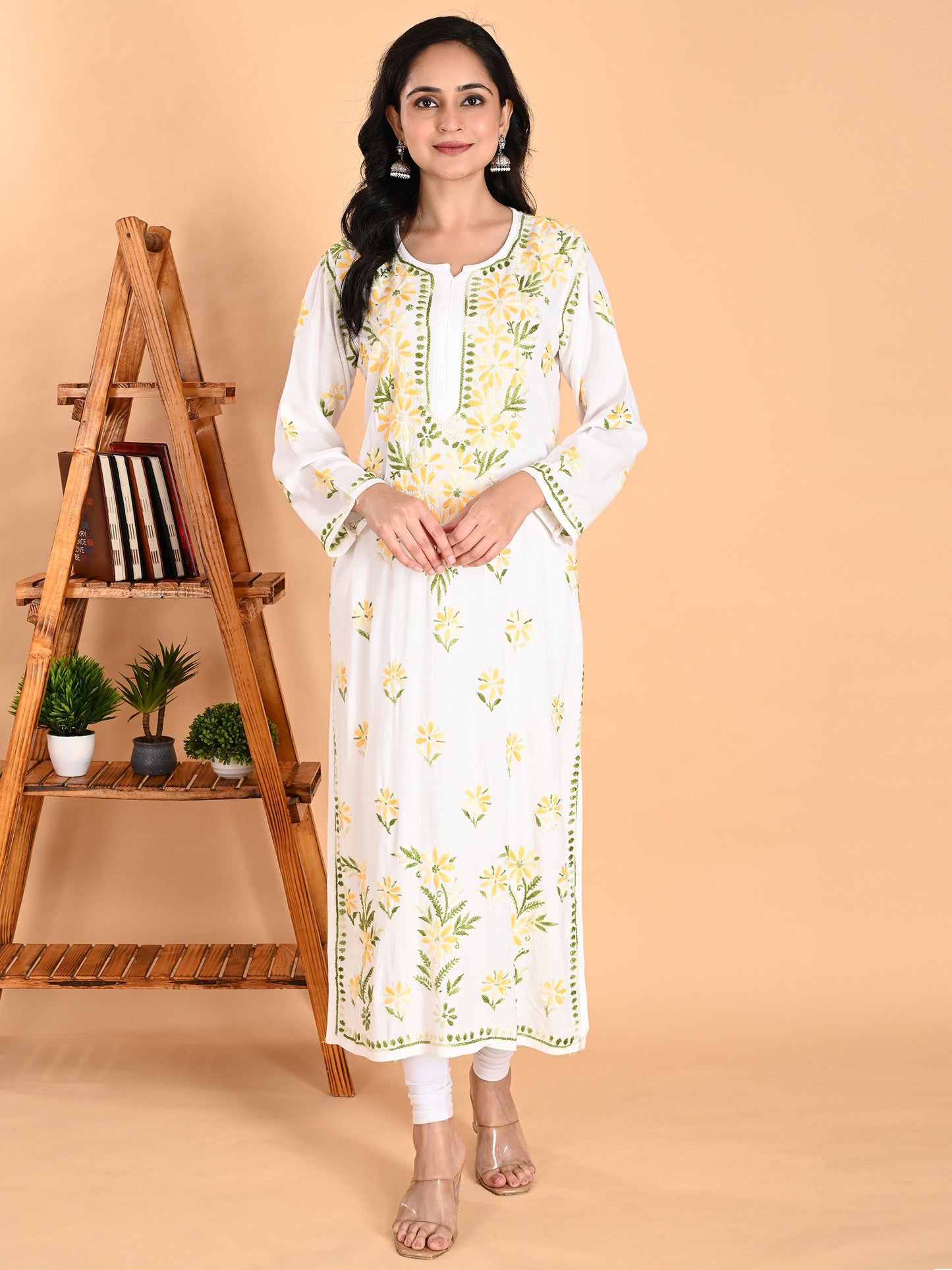 White Rayon Lucknowi Chikankari Long Kurta for Women with Yellow & Green Floral Hand Embroidery – Ethnic Wear Kurti