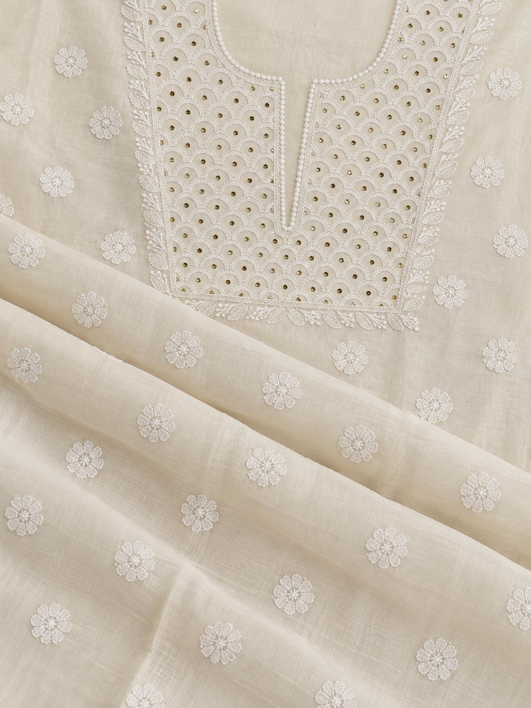 NAZAIRA Women's Cream Silk Chanderi Unstitched Suit Material with Dupatta | 2 Piece Lucknow Chikankari | Hand Embroidery with Mukaish Work and Glass Gala Neck Design | Festive, Wedding, Ethnic