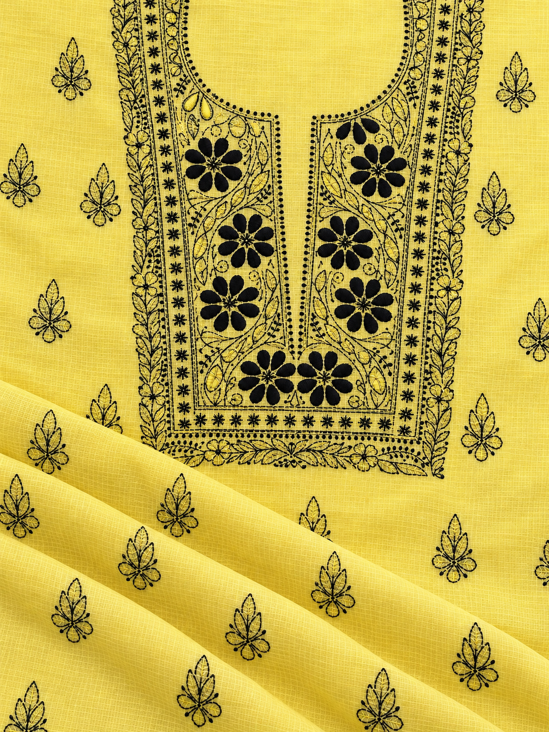 Women's Yellow Kota Cotton Unstitched 2 Piece Suit Dress Material with Dupatta | Lucknowi Chikankari Hand Embroidery, Glass Gala Neck Work, Front Back Motifs | Pooja Wedding Festive