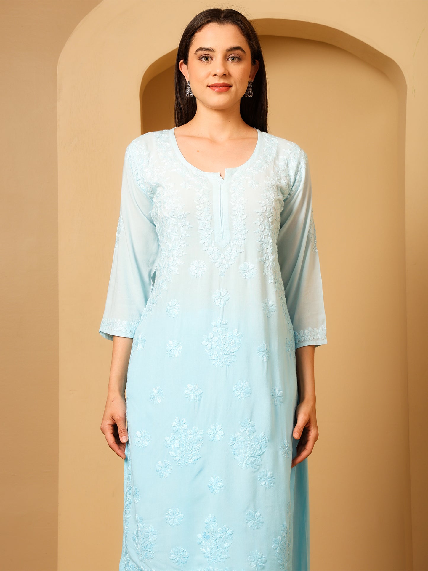 Nazaira Women’s Rayon Lucknow Chikankari Kurta Palazzo Set | Firozi Blue Ombre Hand Embroidered Kurti Set | Ethnic Wear for Women | Handmade Luckhnawi Chickankari Kurta with Palazzo