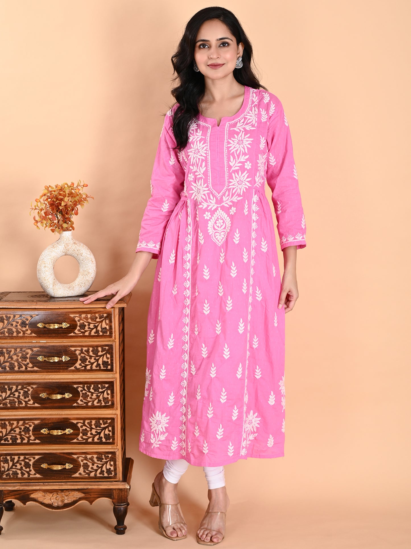 Pink Cotton Lucknowi Chikankari Long Gown Style Kurta for Women with White Hand Embroidery – Ethnic Wear Kurti