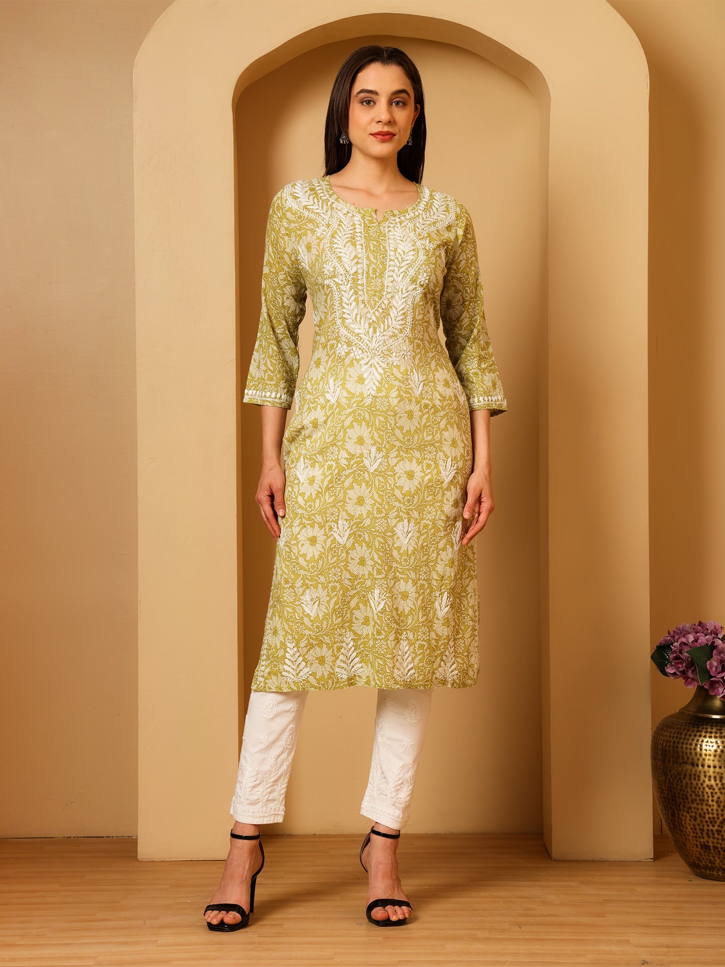 Nazaira Mulmul Cotton Chikankari Kurta for Women Pista Green | Hand Embroidered Lucknow Chikankari Kurti | Ethnic Wear Long Kurta for Women | Handmade Luckhnawi Chickankari Kurta