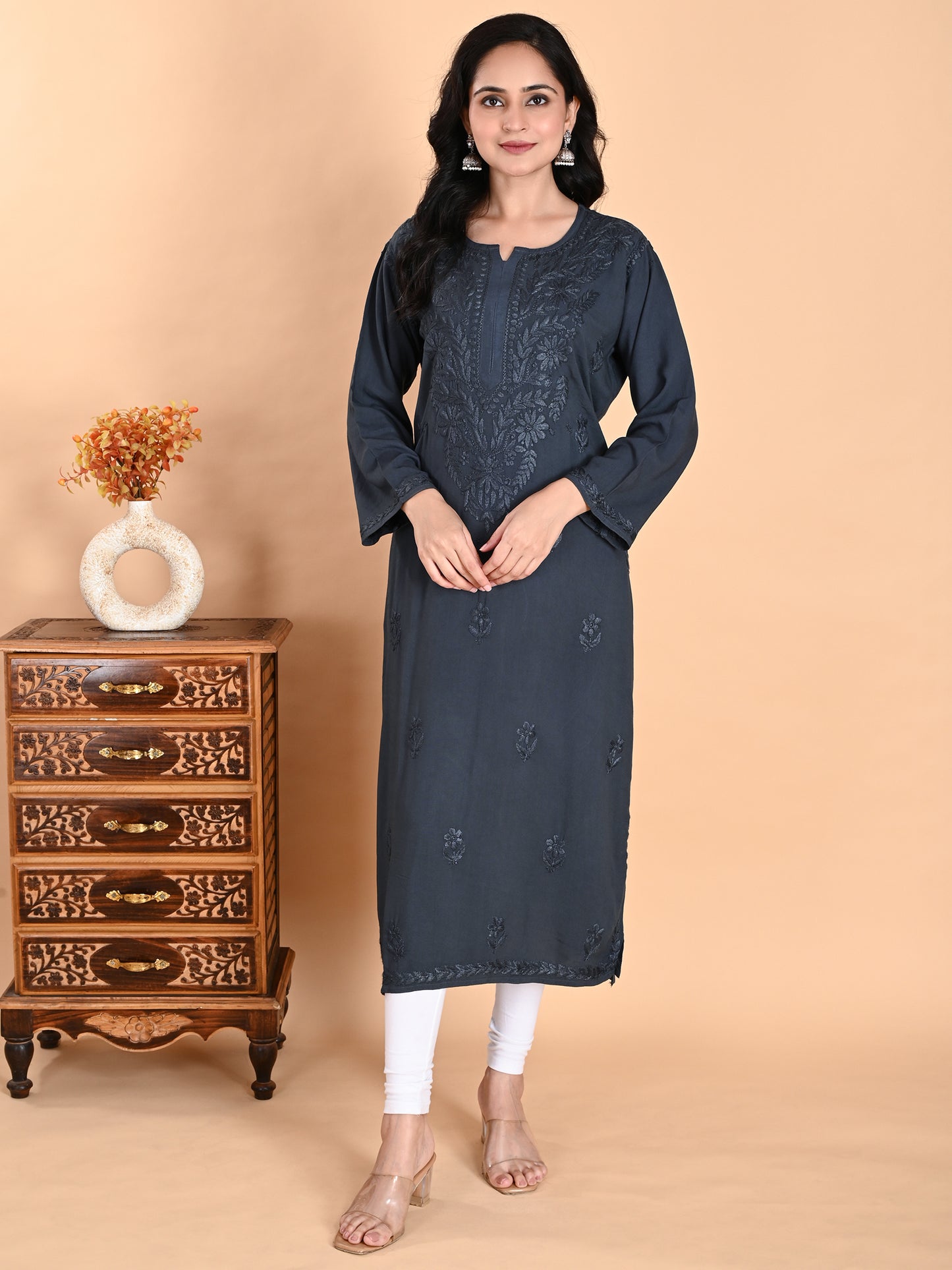 Green Rayon Lucknowi Chikankari Long Kurta for Women with Hand Embroidery – Elegant Traditional Ethnic Wear Kurti