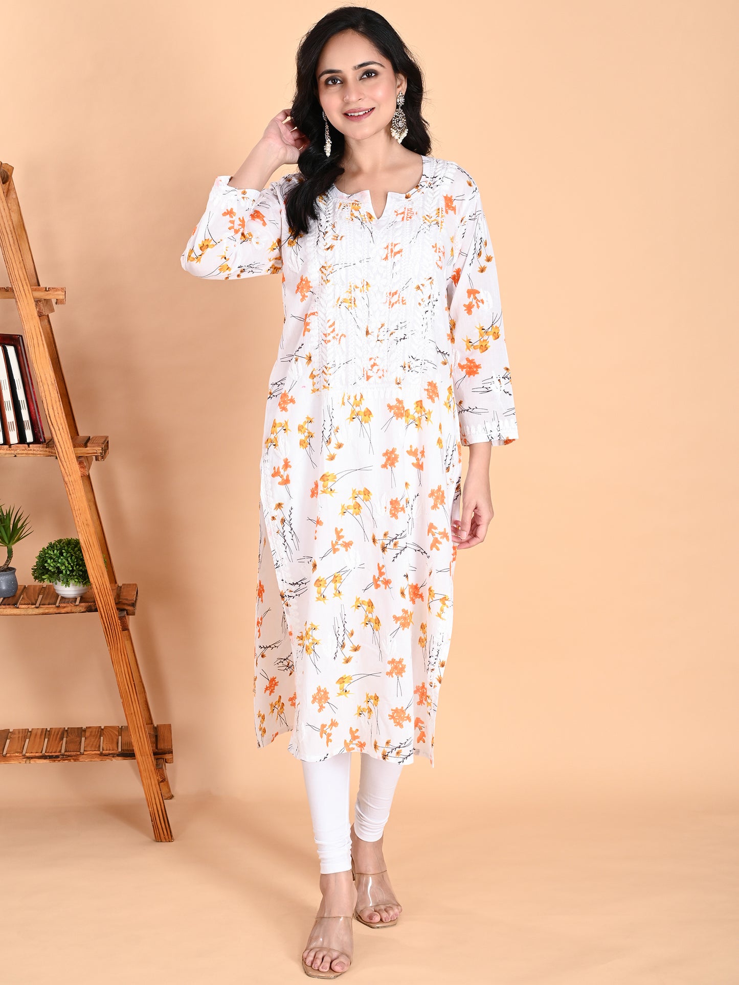 Mulmul Cotton Lucknowi Chikankari Orange Floral Printed Long Kurta for Women with Hand Embroidery – Ethnic Wear Kurti
