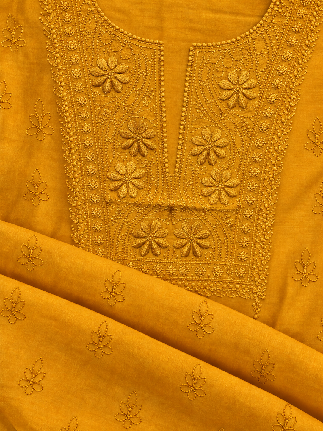 NAZAIRA Women's Mustard Silk Chanderi Unstitched 2-Piece Suit (Kurta Fabric & Dupatta) | Hand Embroidered Lucknow Chikankari | Glass Gala Neck Work, All-Over Buti | Wedding & Festive