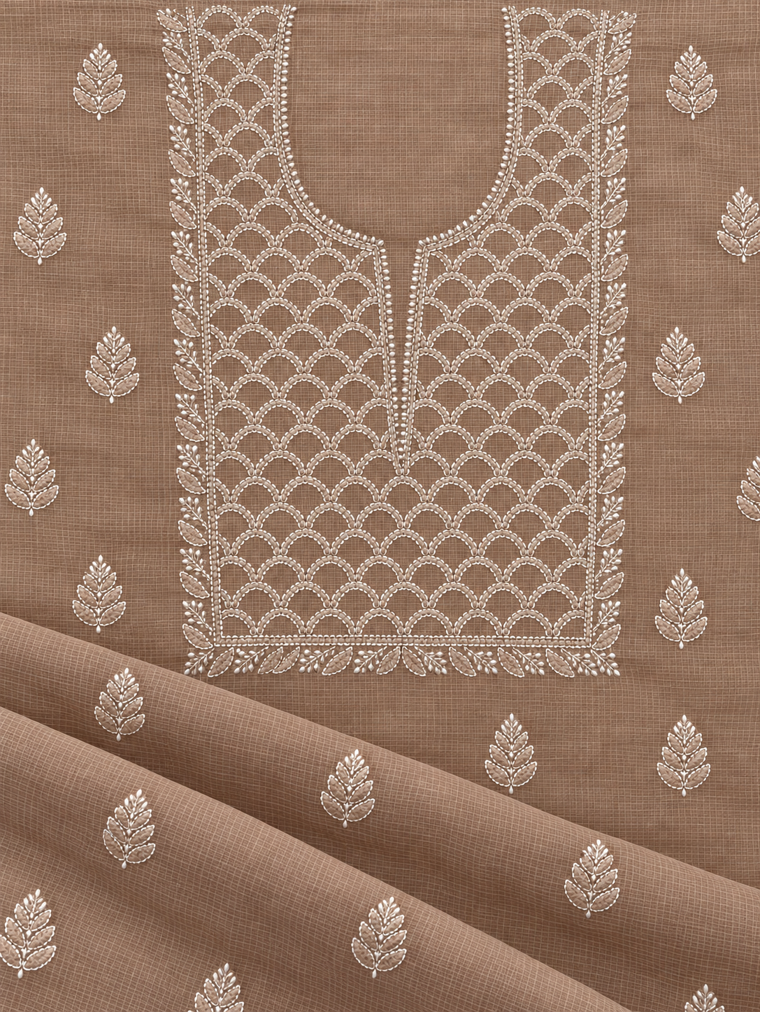 Women's Light Brown Kota Cotton Unstitched Lucknowi Chikankari Suit Material with Dupatta (2 Piece) | Glass Gala Neckline Hand Embroidery, Front and Back Buti Work | Festive Pooja and Wedding