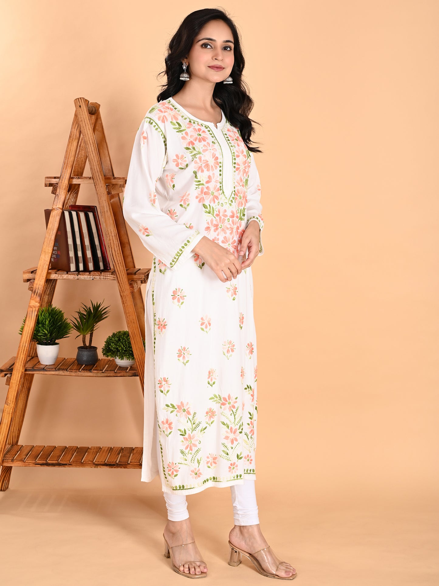 White Rayon Lucknowi Chikankari Long Kurta for Women with Peach & Green Floral Hand Embroidery – Ethnic Wear Kurti