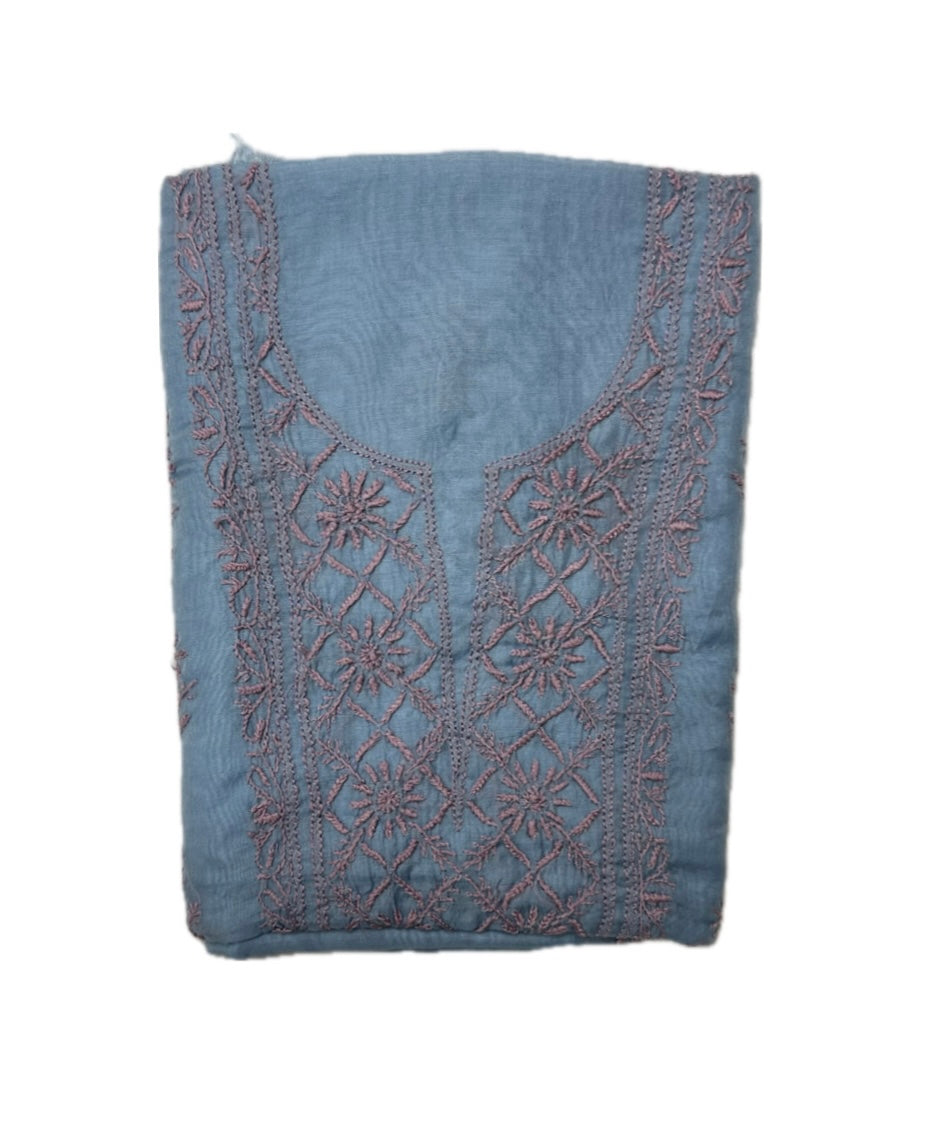 Pure Mul Chanderi Lucknowi Chikankari Unstitched Suit for Women with Dupatta – Hand Embroidered Ethnic Dress Material (2 Piece Set) - Sky Blue