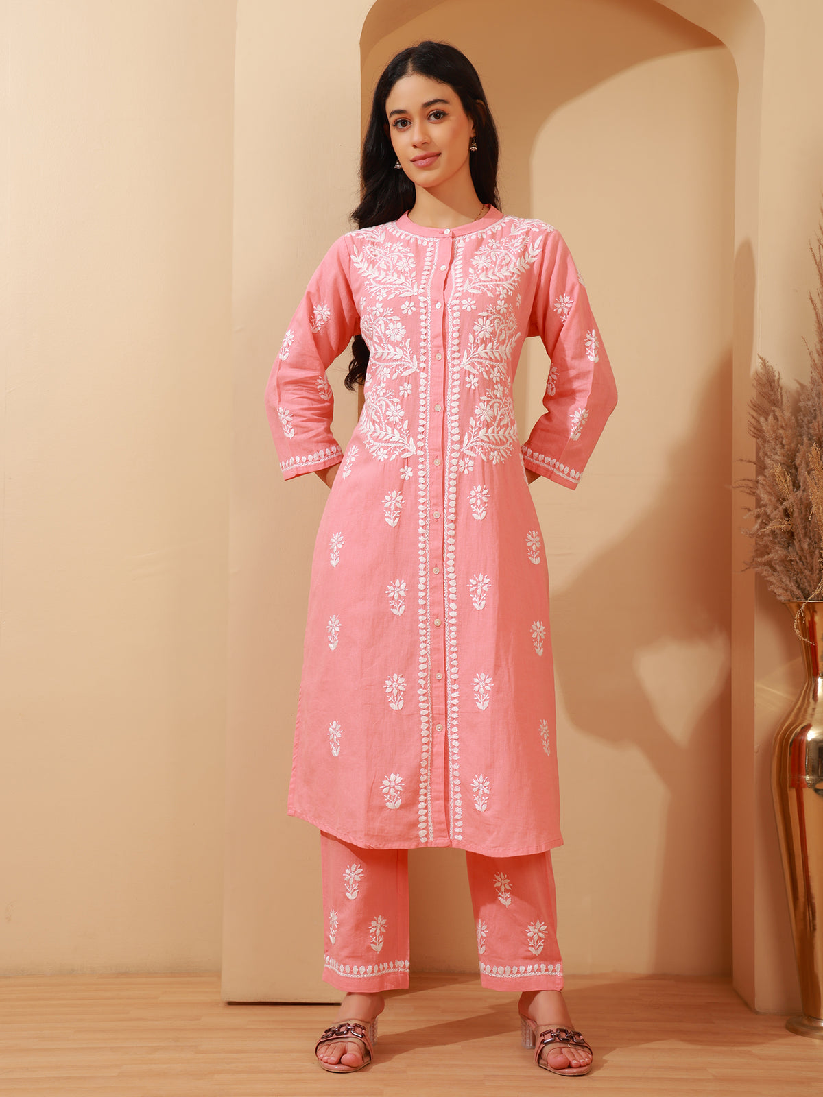 Nazaira Cotton Chikankari Kurta Pant Set for Women | Peach Lucknowi Hand Embroidered Shirt Style Long Kurta with Pant & Pockets | Handmade Ethnic Wear | Modern Traditional Chikankari Handwork